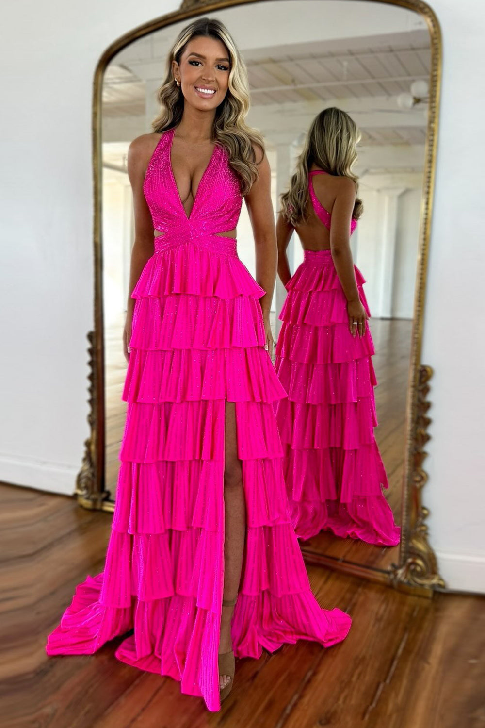 Fuchsia Beaded Halter Neck Corset Prom Dress with Sparkly Tiered A-Line and Slit