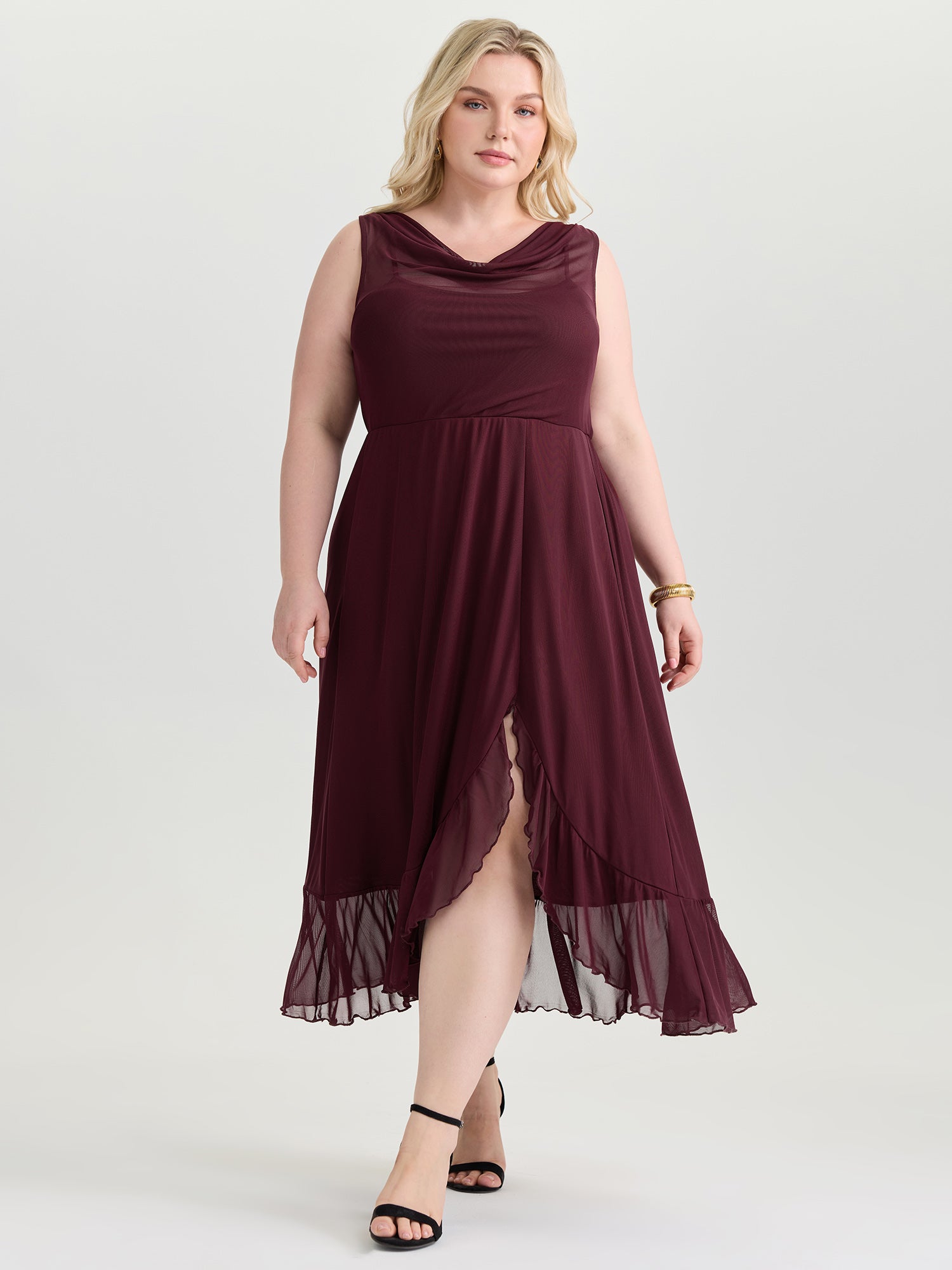 Mesh Cowl Neckline Flowy Midi Dress