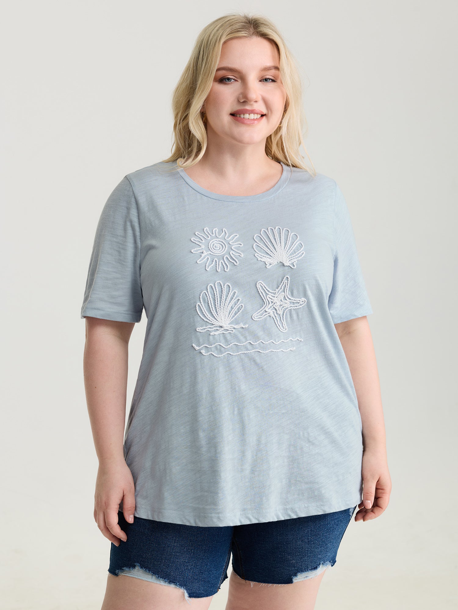 Pure Cotton Ocean Embroidered Stretchy T-Shirt