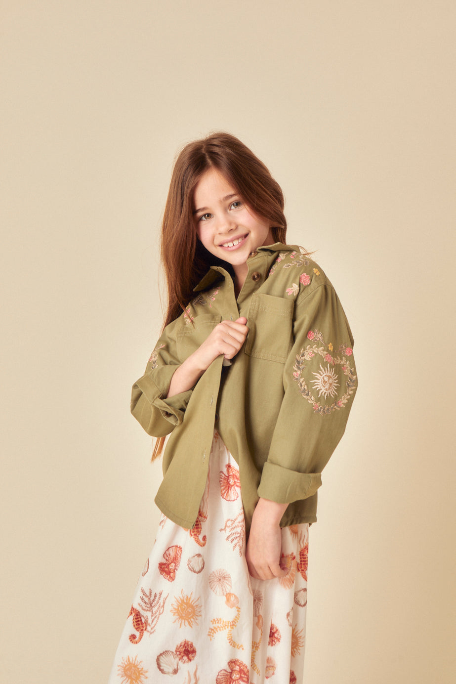 Girls Green Denim Embroidered Shacket