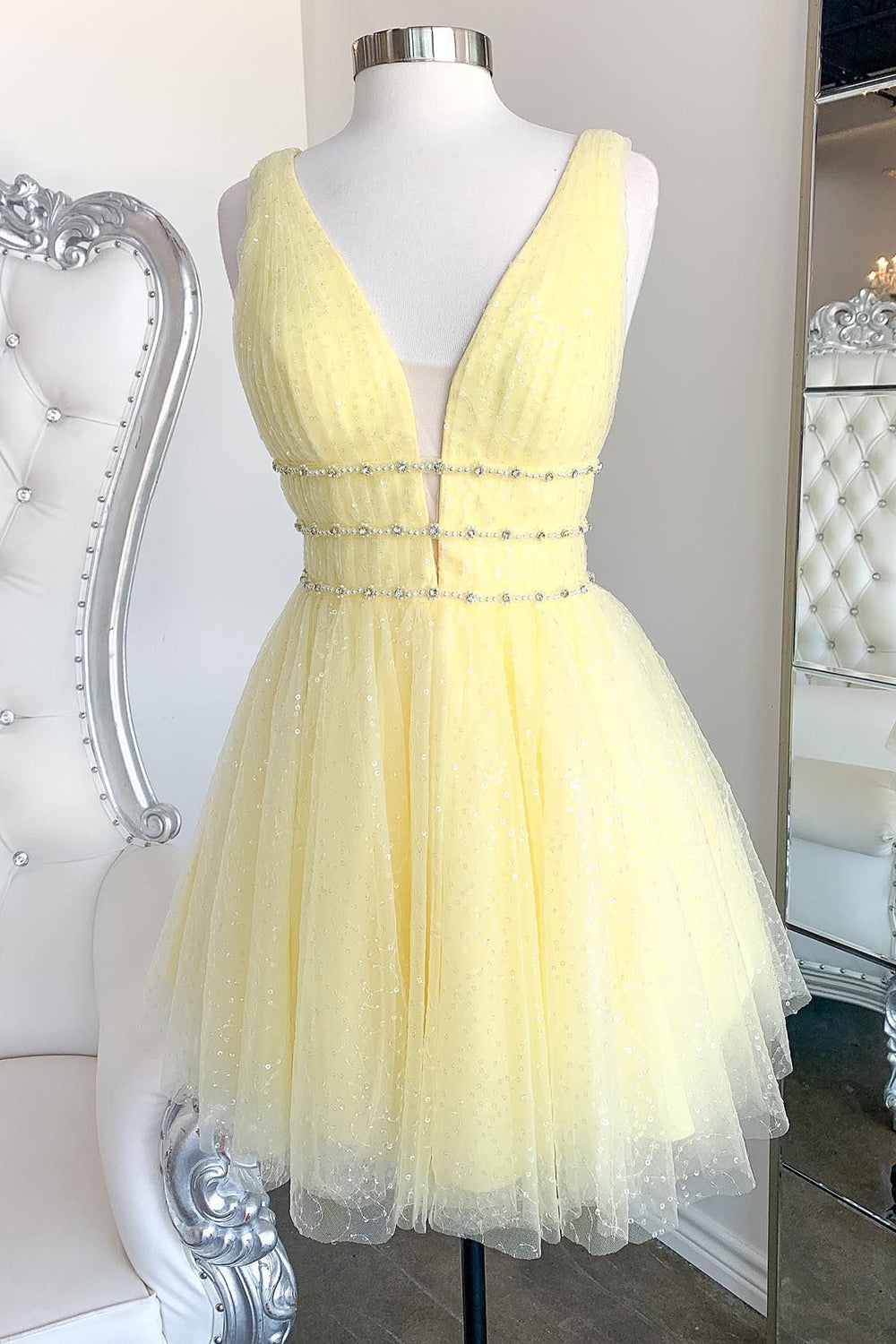 Sparkly Yellow Beaded Sequins A-Line Short Homecoming Dress/Mini Dress