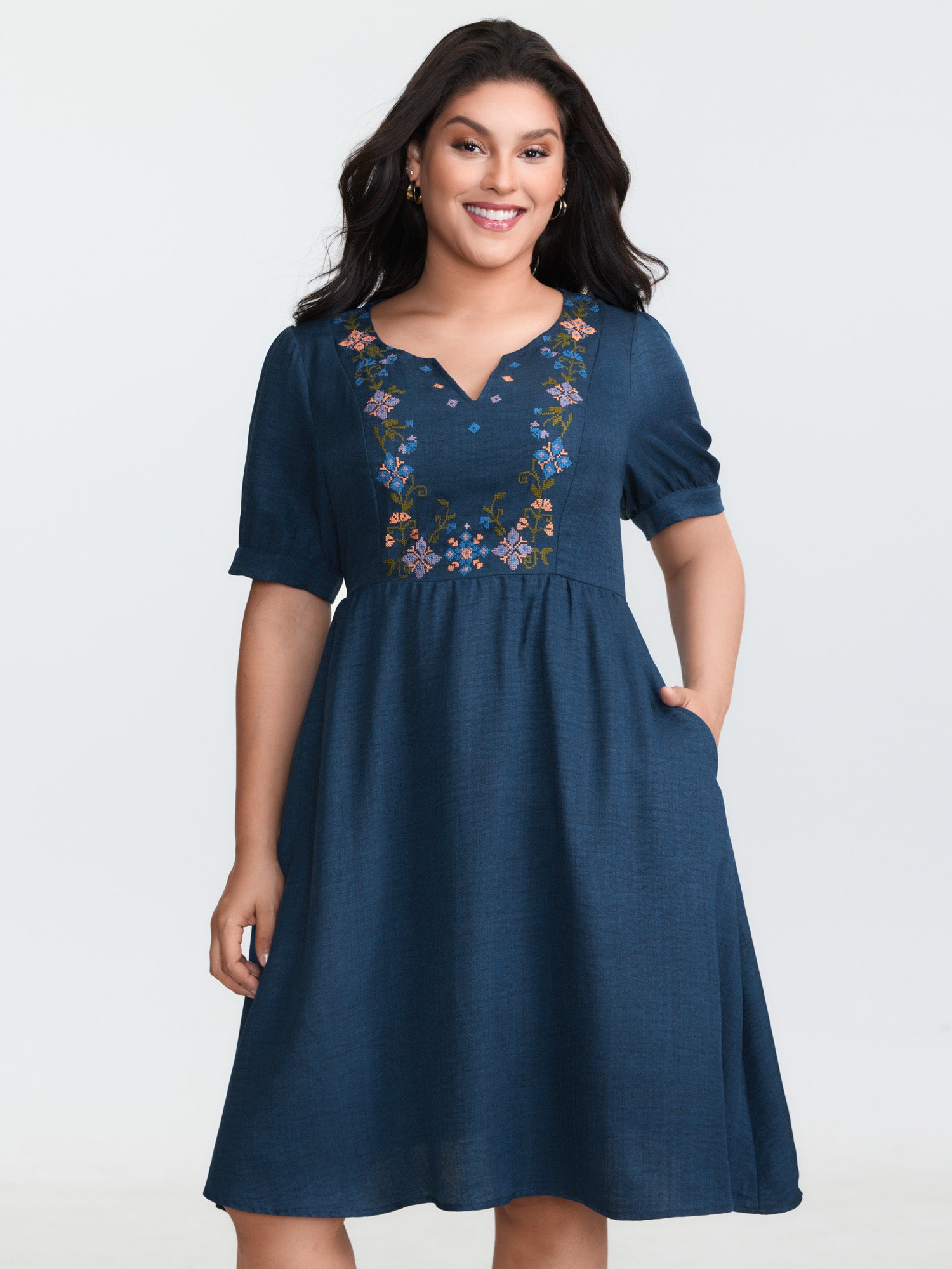 Floral Embroidered Neckline Textured Mini Dress