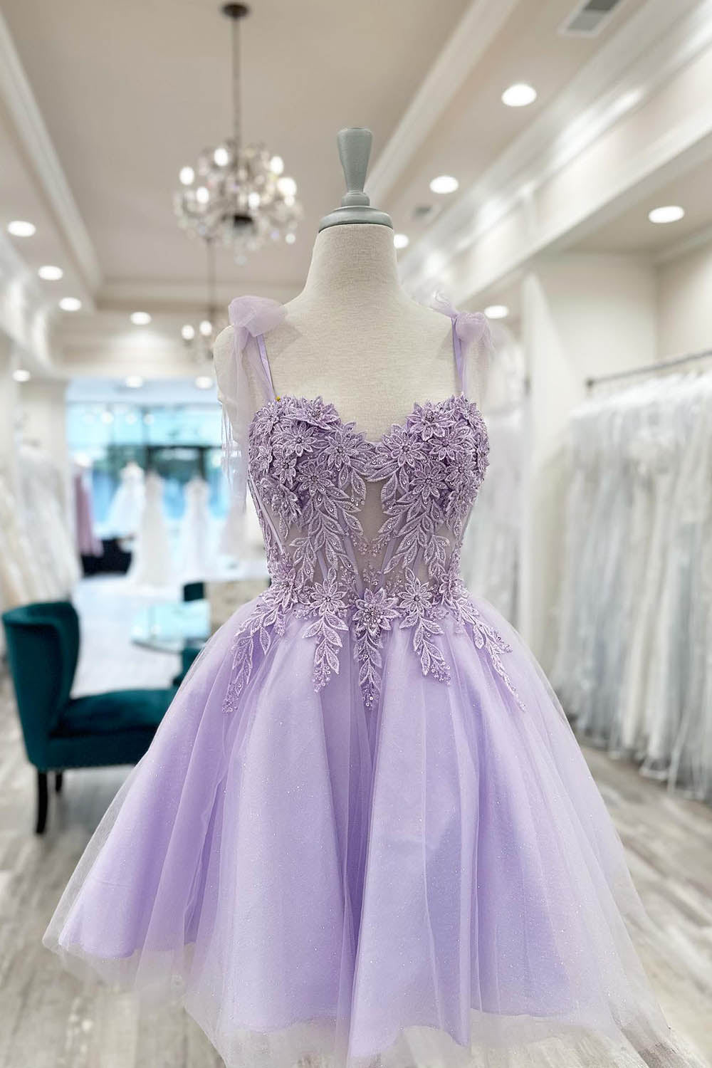 Purple Corset A-Line Tulle Short Flower Homecoming Dress/Mini Dress with Lace