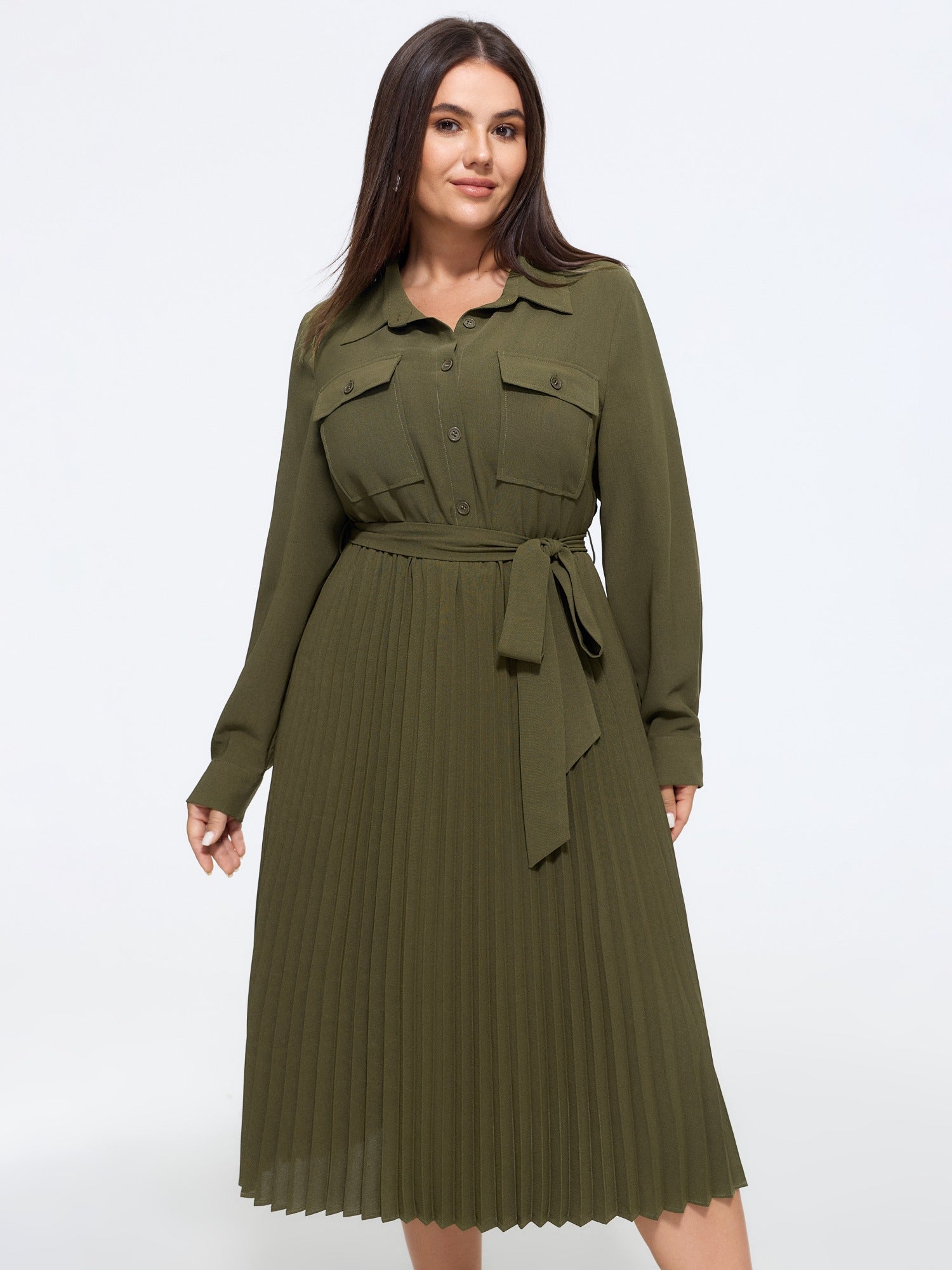 Button Front Belted Pleated Shirt Midi Dress