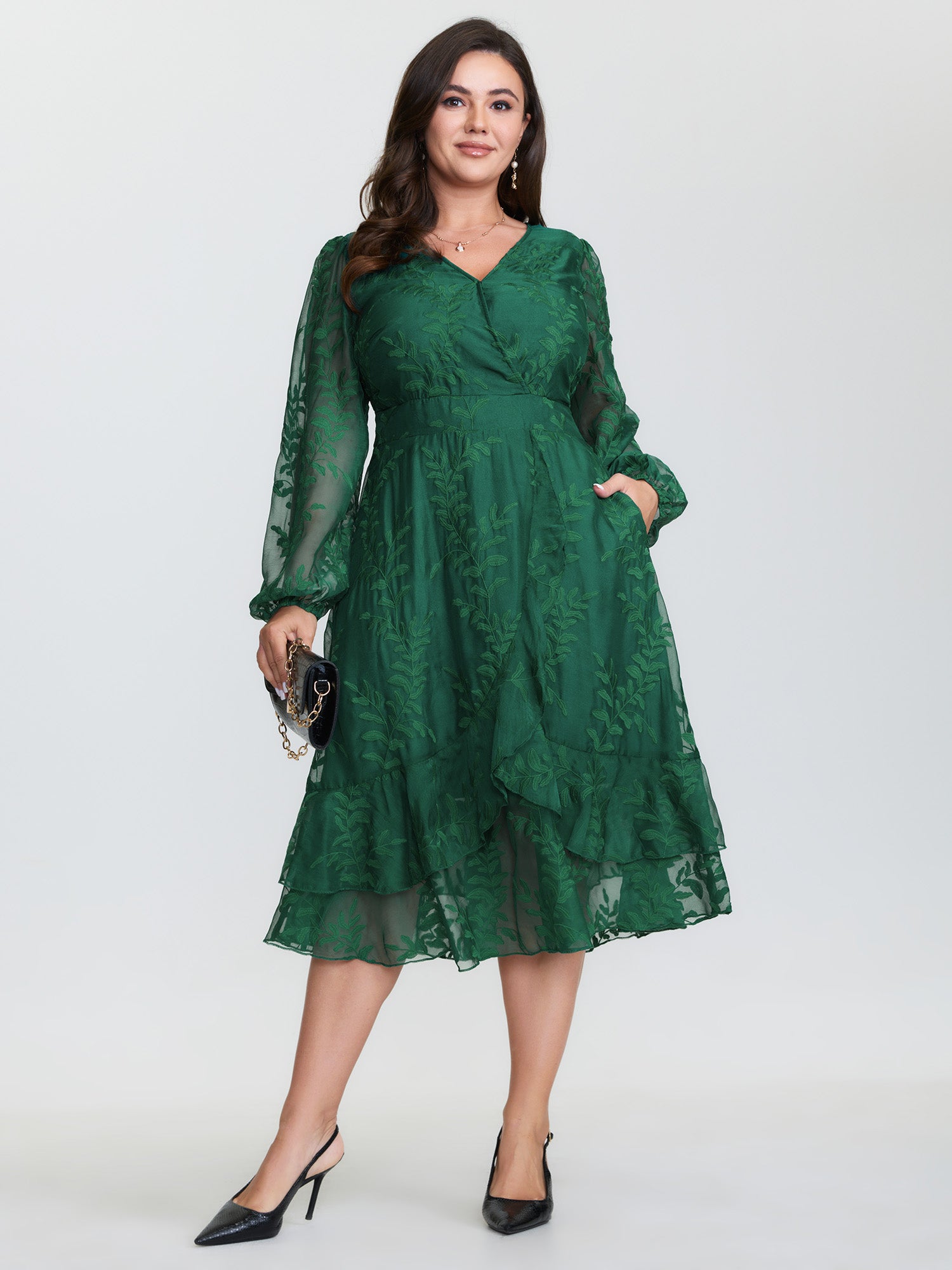 Floral Embroidered Layered Hem Midi Dress