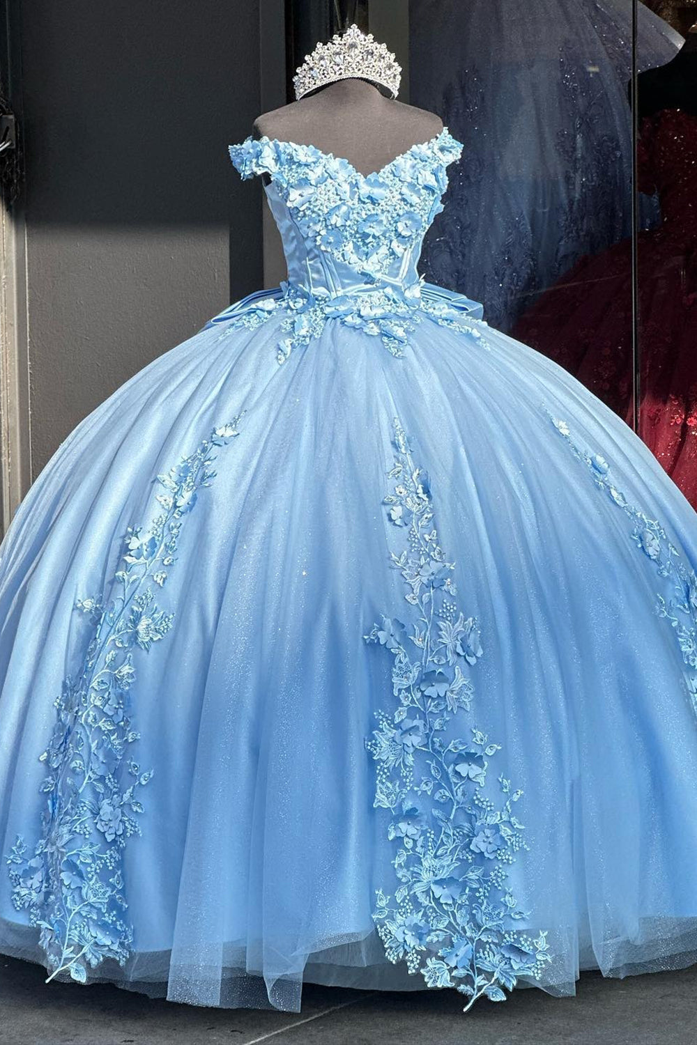 Off the Shoulder Blue Floral Ball Gown with Applique and Bow, Tulle Quinceanera Dress