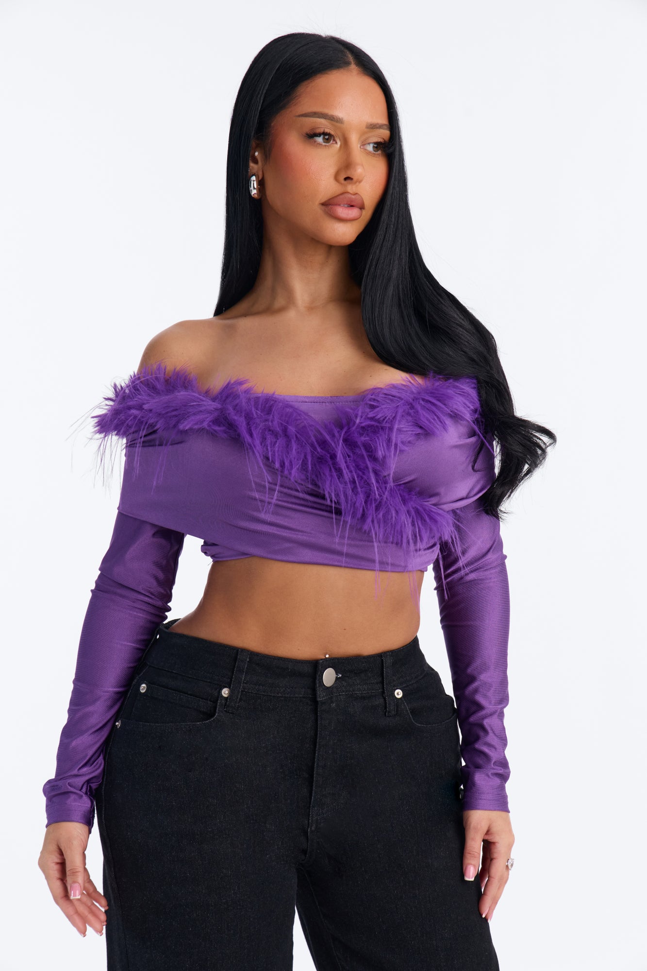 Trudy Faux Fur Off Shoulder Top - Eggplant