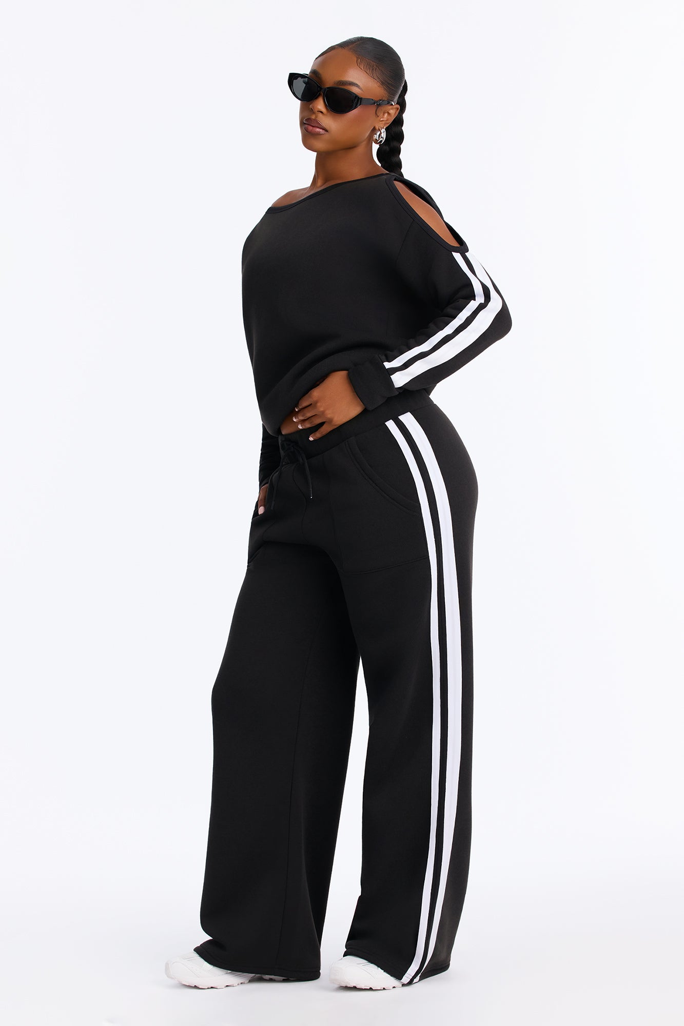 Sweet Thing Off Shoulder Fleece Pant Set - Black/White