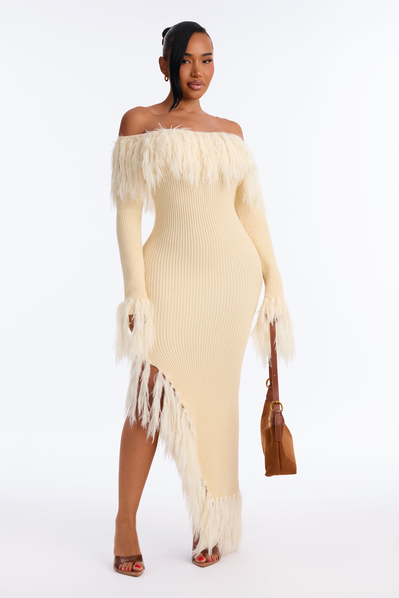 Making Statements Feathered Sweater Maxi Dress - Cream