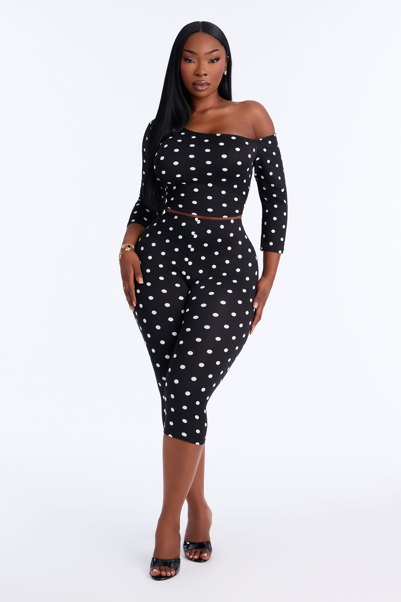 Pretty In Dots 3/4 Sleeve Capri Set - Black/White