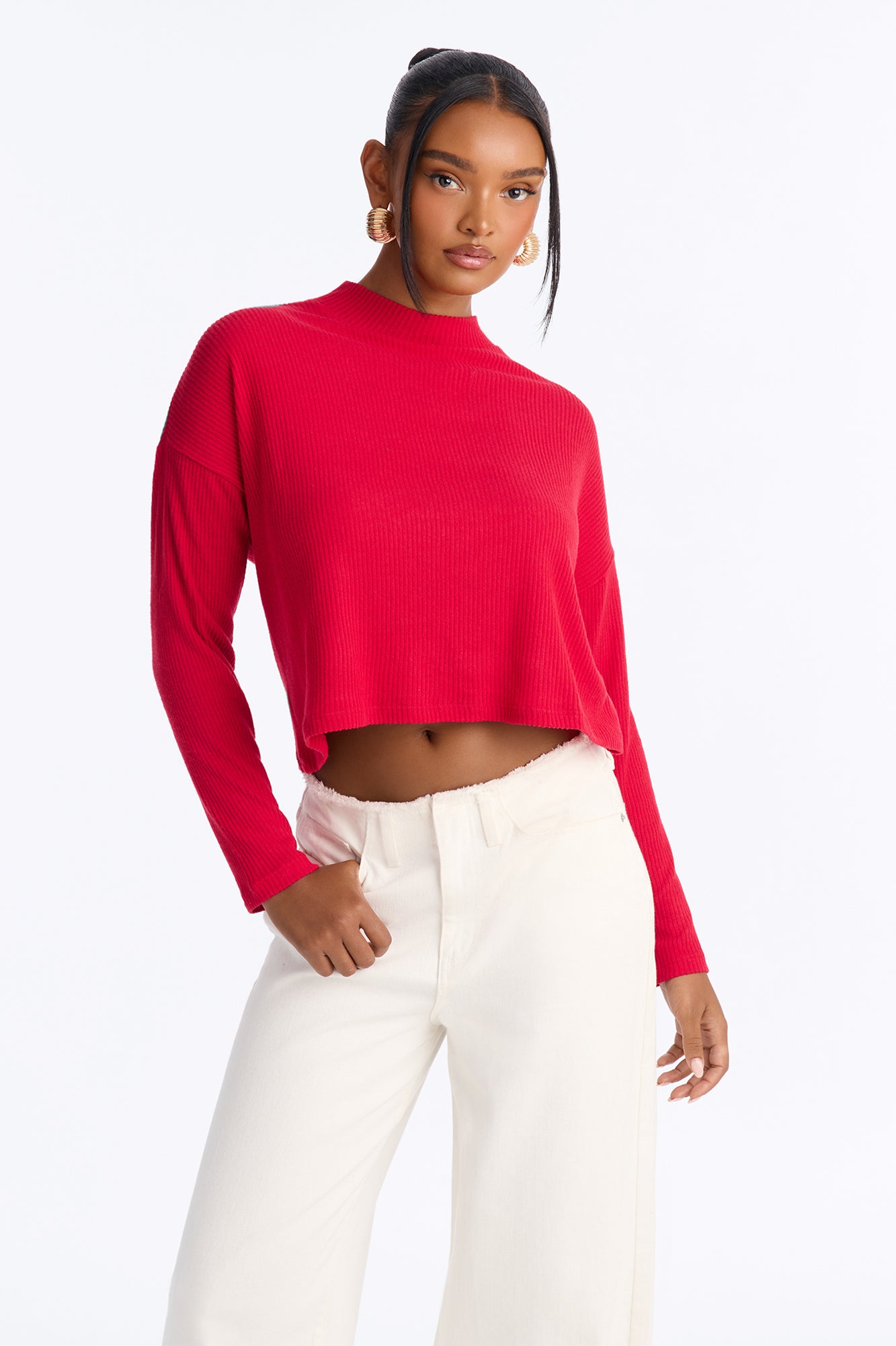 Alexis Ribbed Mock Neck Boxy Long Sleeve Top - DarkRed