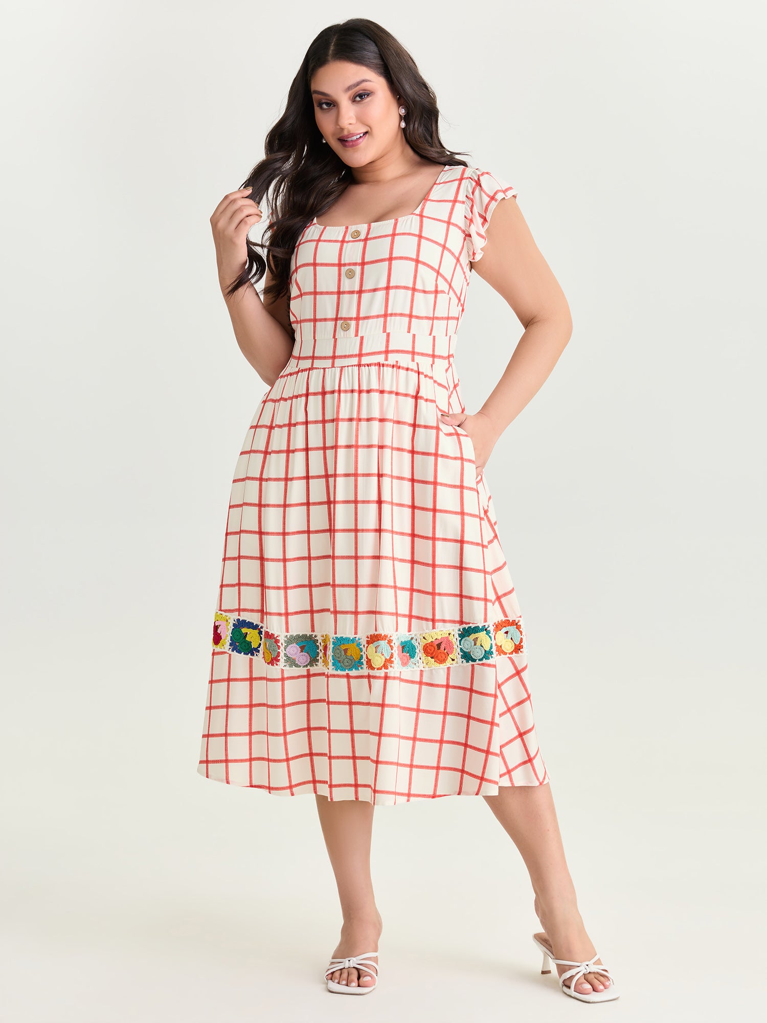 Grid Print Crochet Floral Pockets Midi Dress