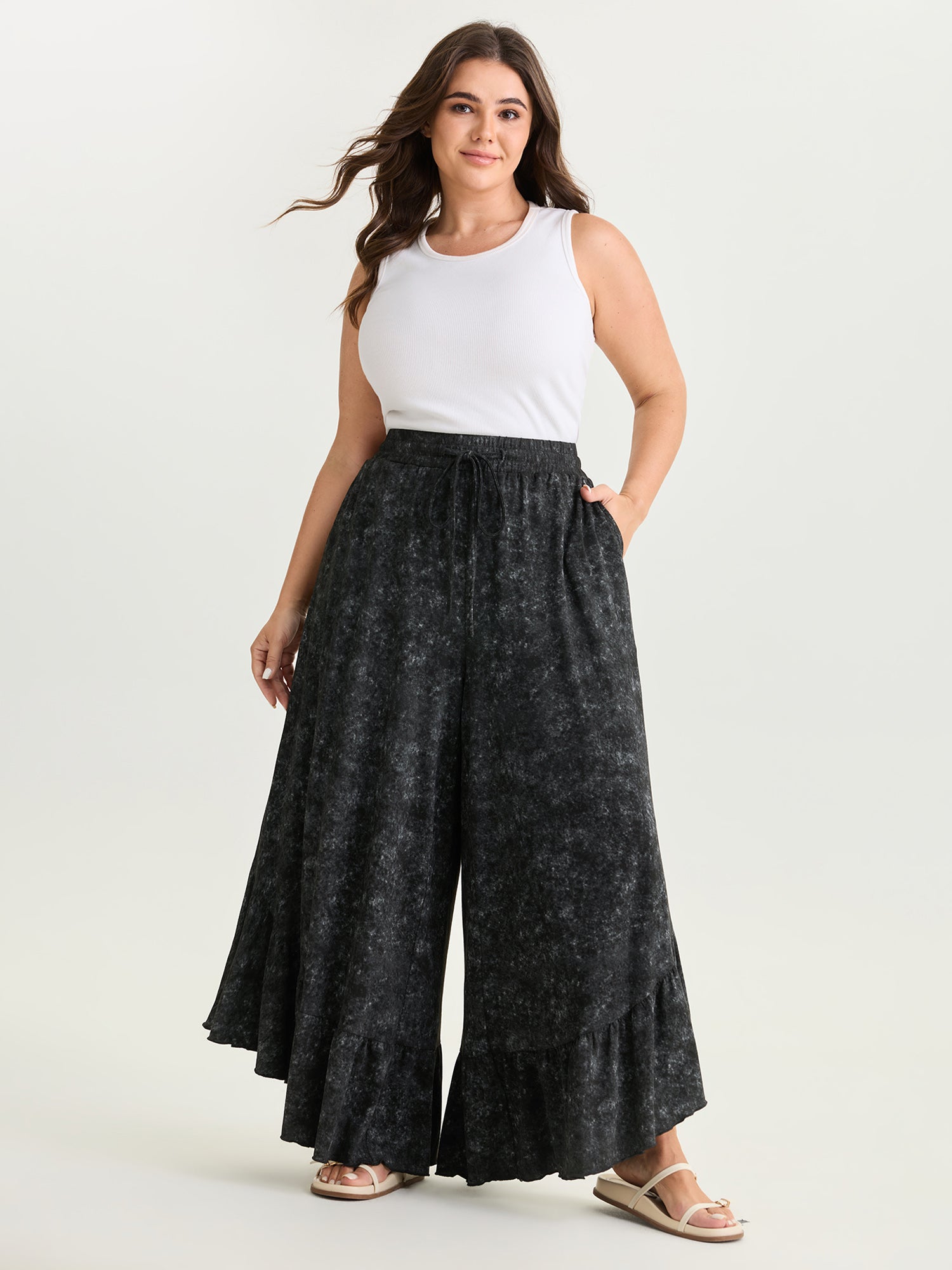 Stretchy Snowflake Effect Ruffled Hem Pants