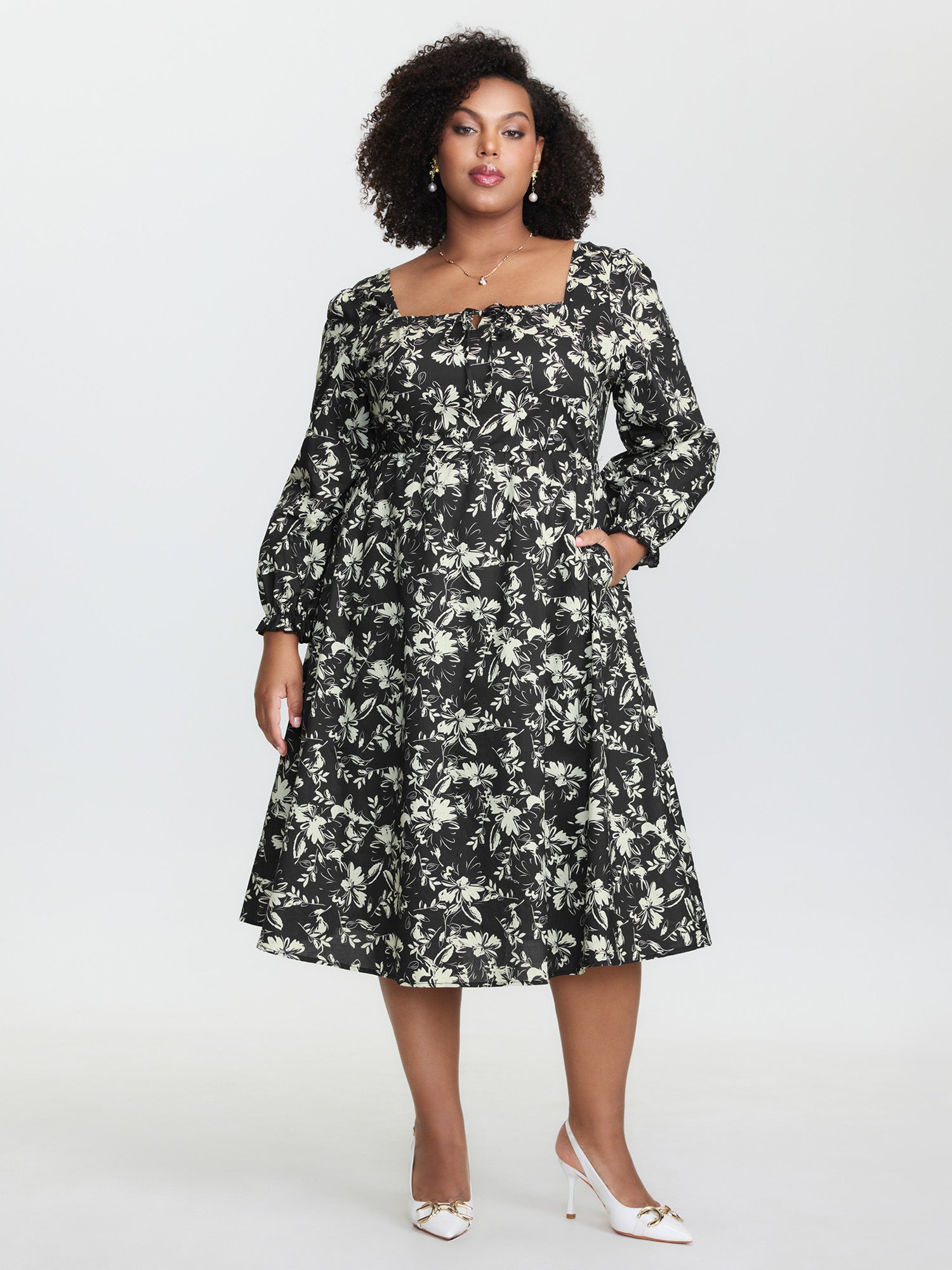 Pure Cotton Shirred Waist Silhouette Flower Midi Dress