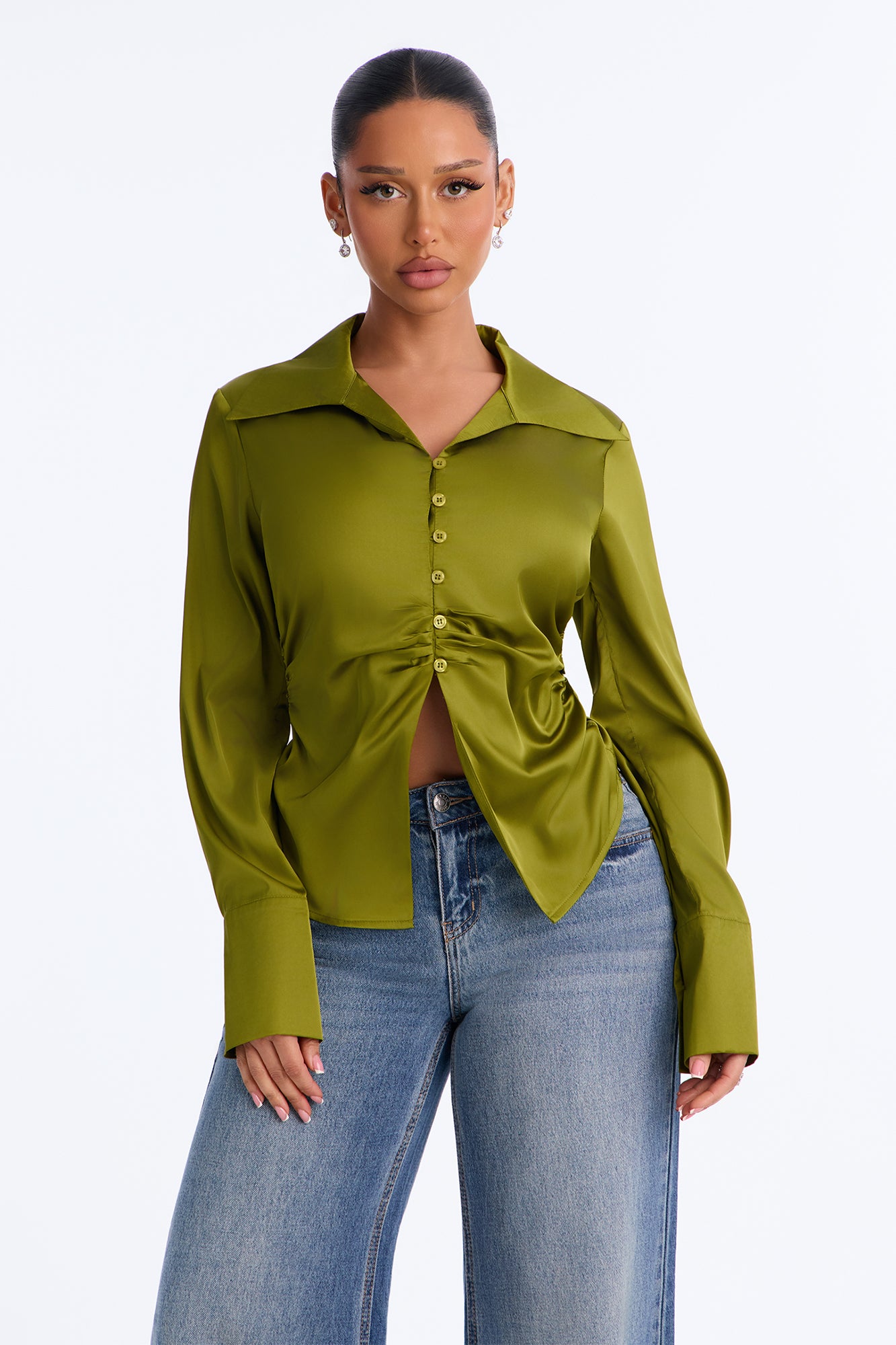 Written Love Satin Button Up Blouse - Olive