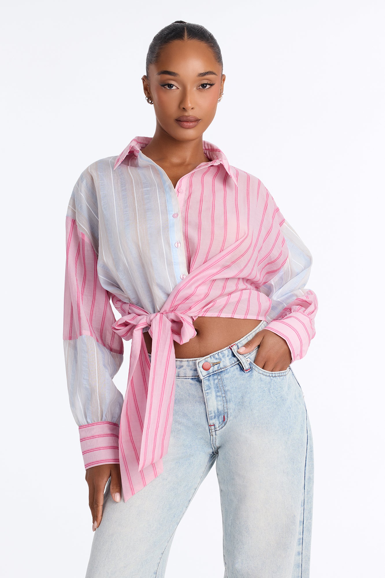 Heidi Striped Button Up Cropped Shirt - Pink/combo