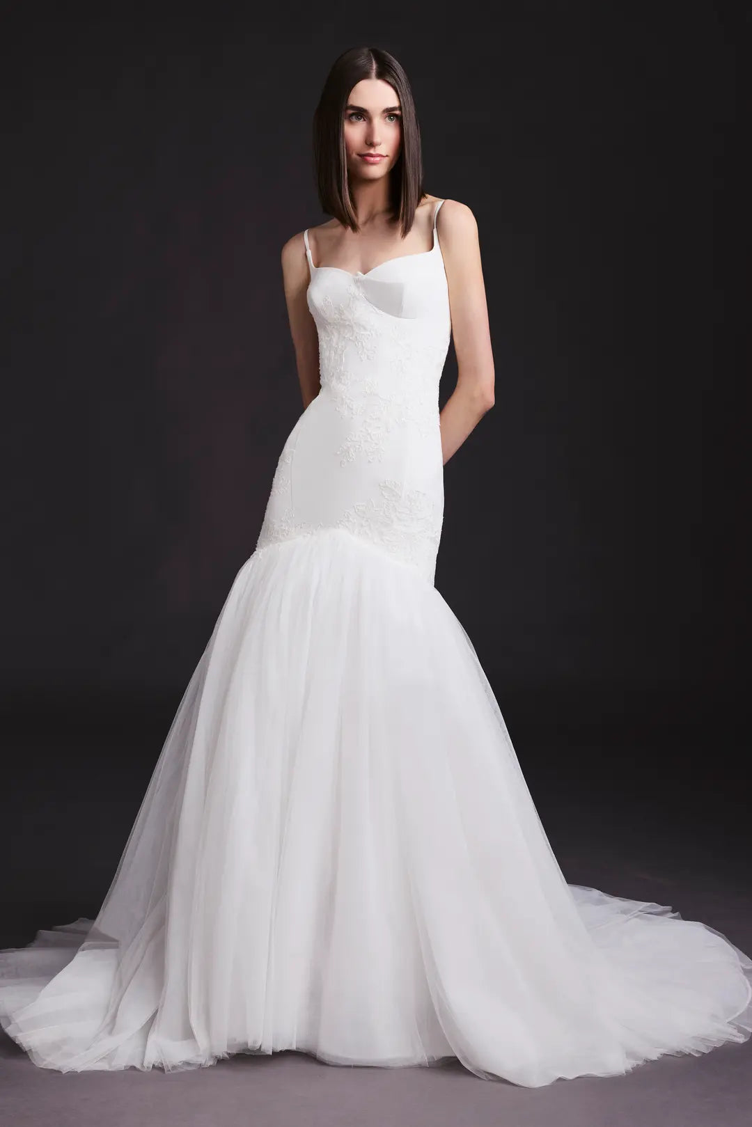 Crepe Trumpet Gown with Tulle and Organza Skirt