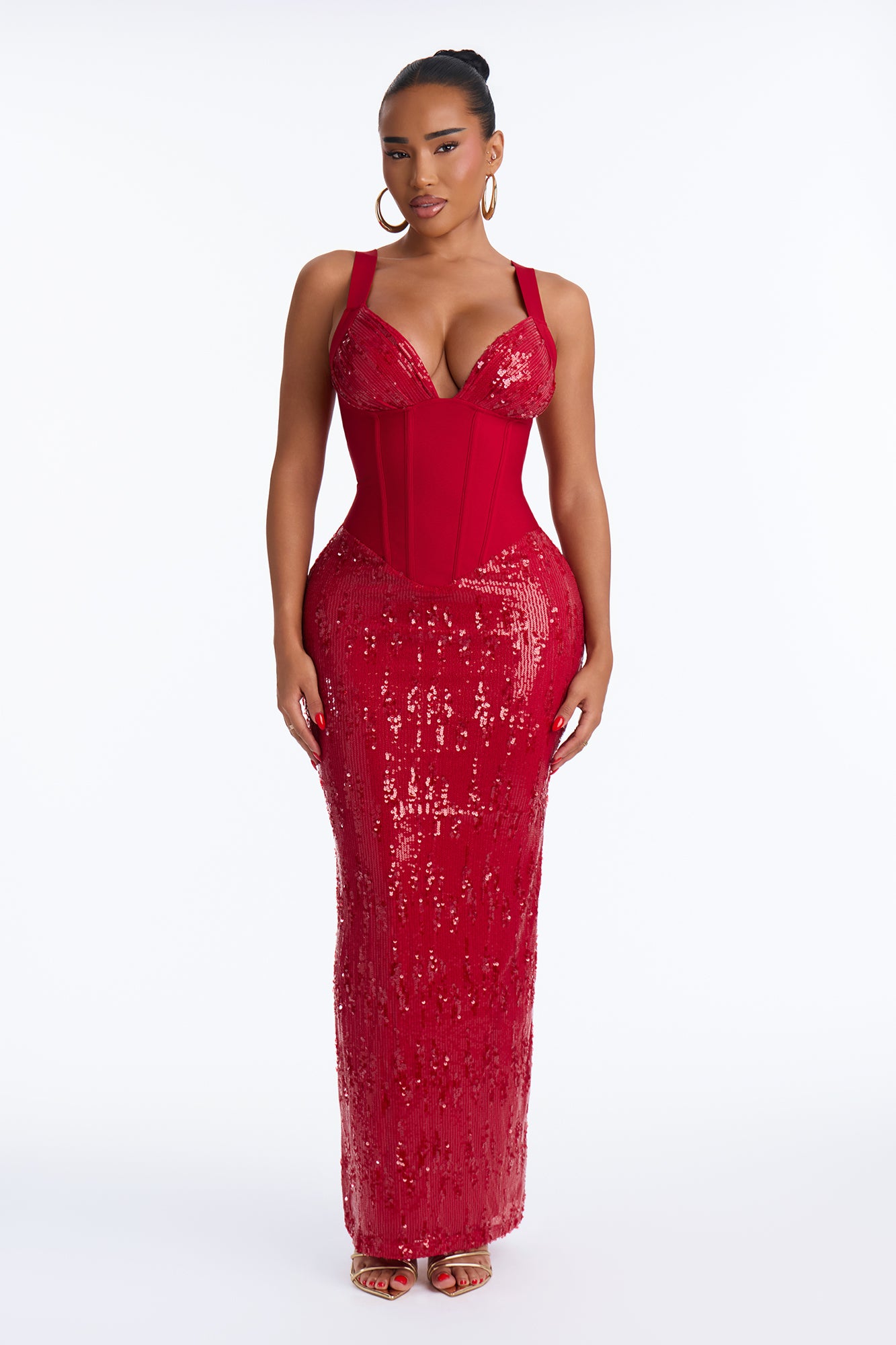 Making An Entrance Bandage Sequin Corset Maxi Dress - Red