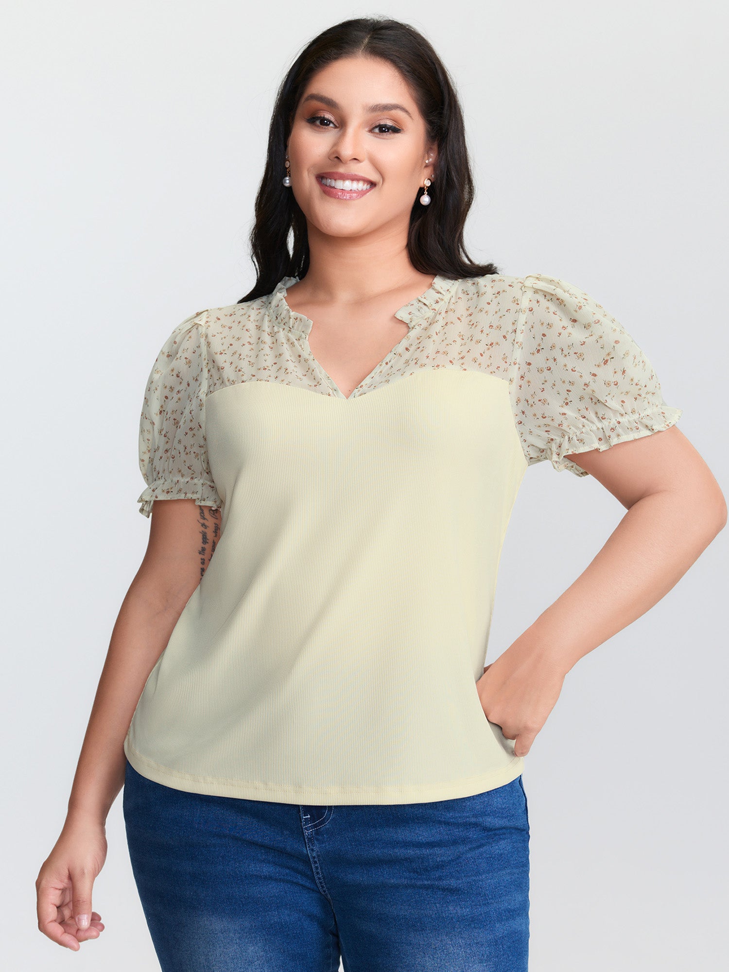 Stretchy Sheer Drawstring Neckline Top