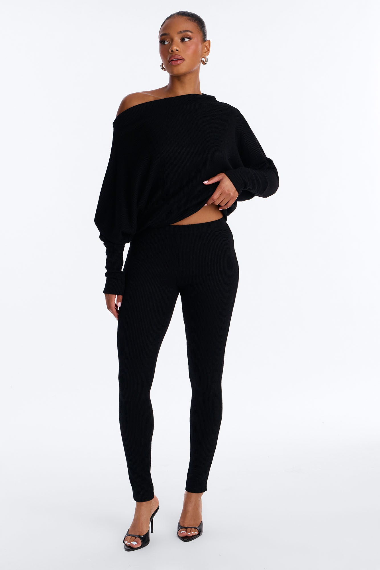 Camille Off Shoulder Hacci Legging Set - Black