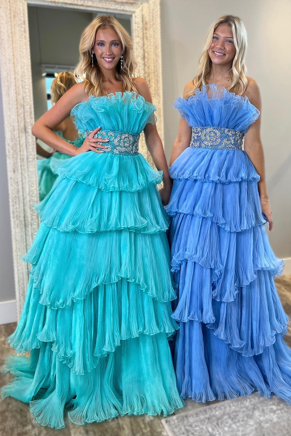 Long Blue Strapless Prom Dress with Beading in Princess Tulle