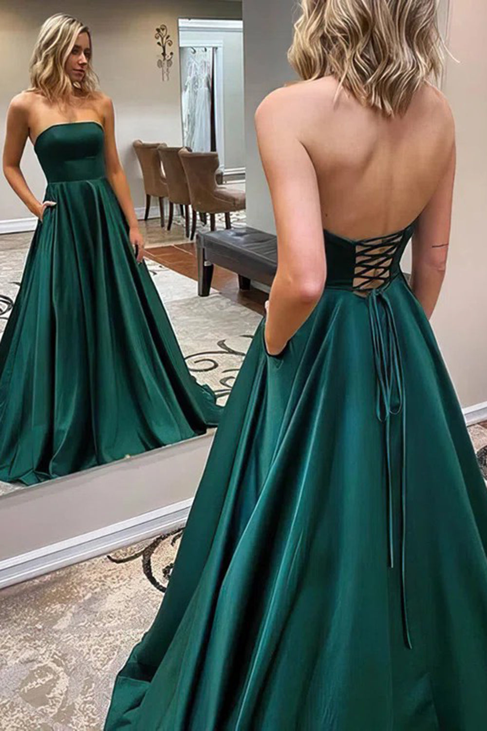 Dark Green Long Prom Dress with Criss Cross Back and Strapless A-Line Design