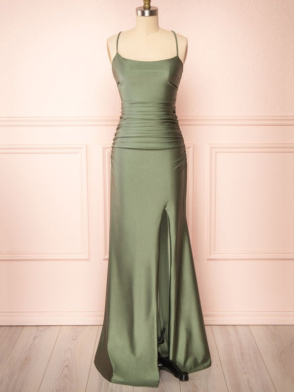 Stylish Sheath Scoop Neck Satin Floor-Length Split Front Ruffles Bridesmaid Dresses