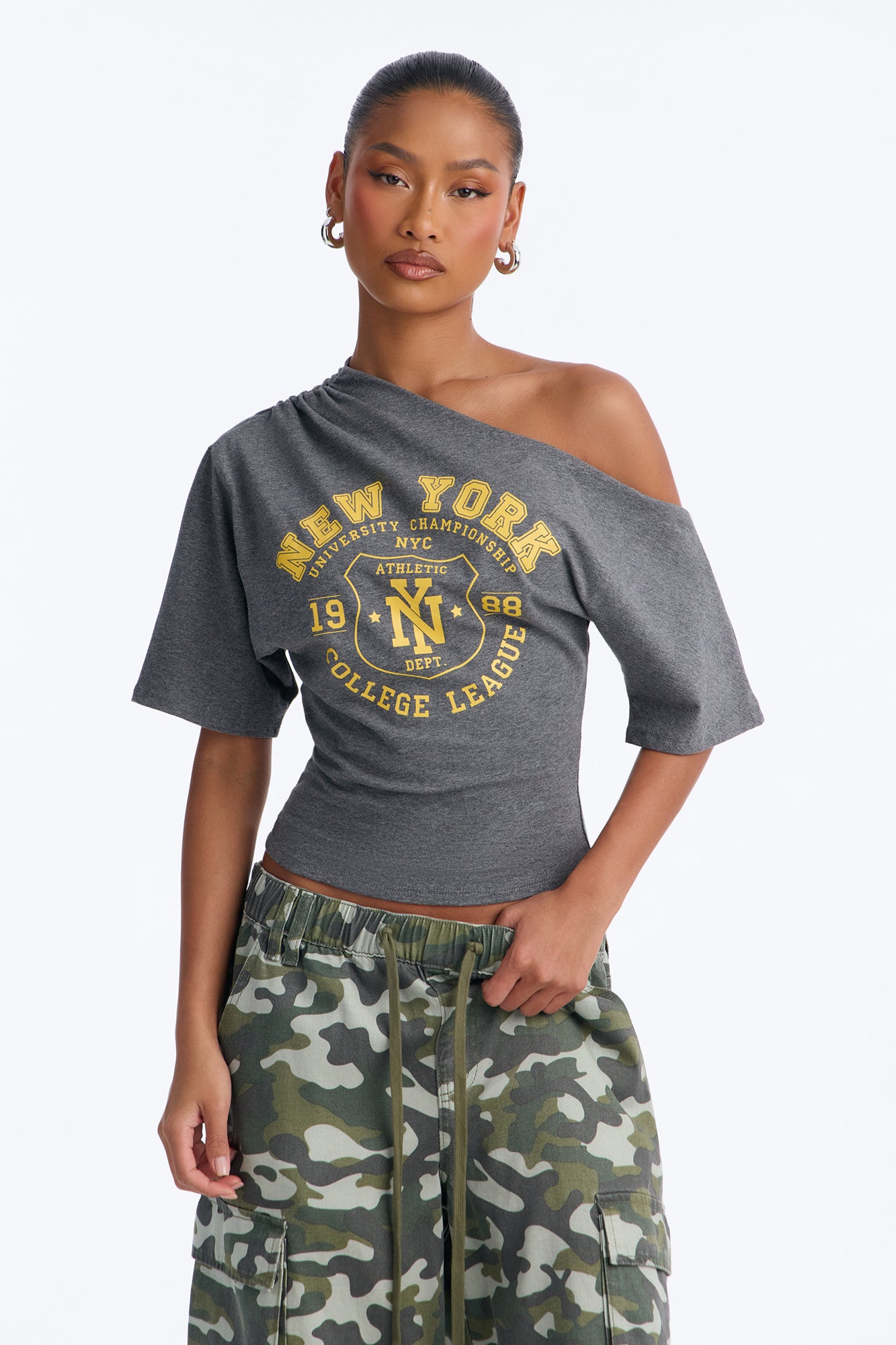 New York League Off Shoulder Top - Charcoal
