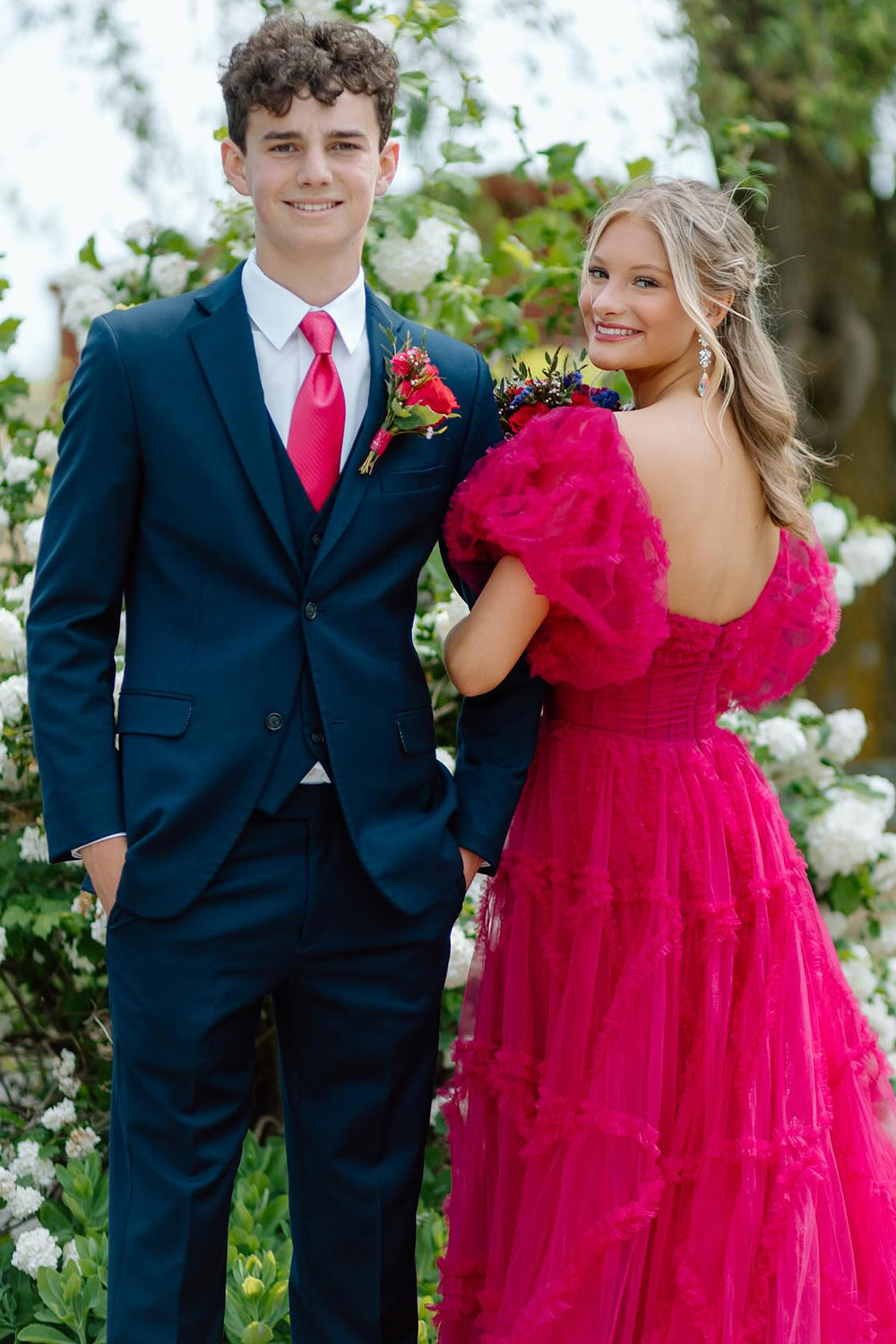 Long A-Line Corset Prom Dress with Fuchsia Square Neck and Puff Sleeves