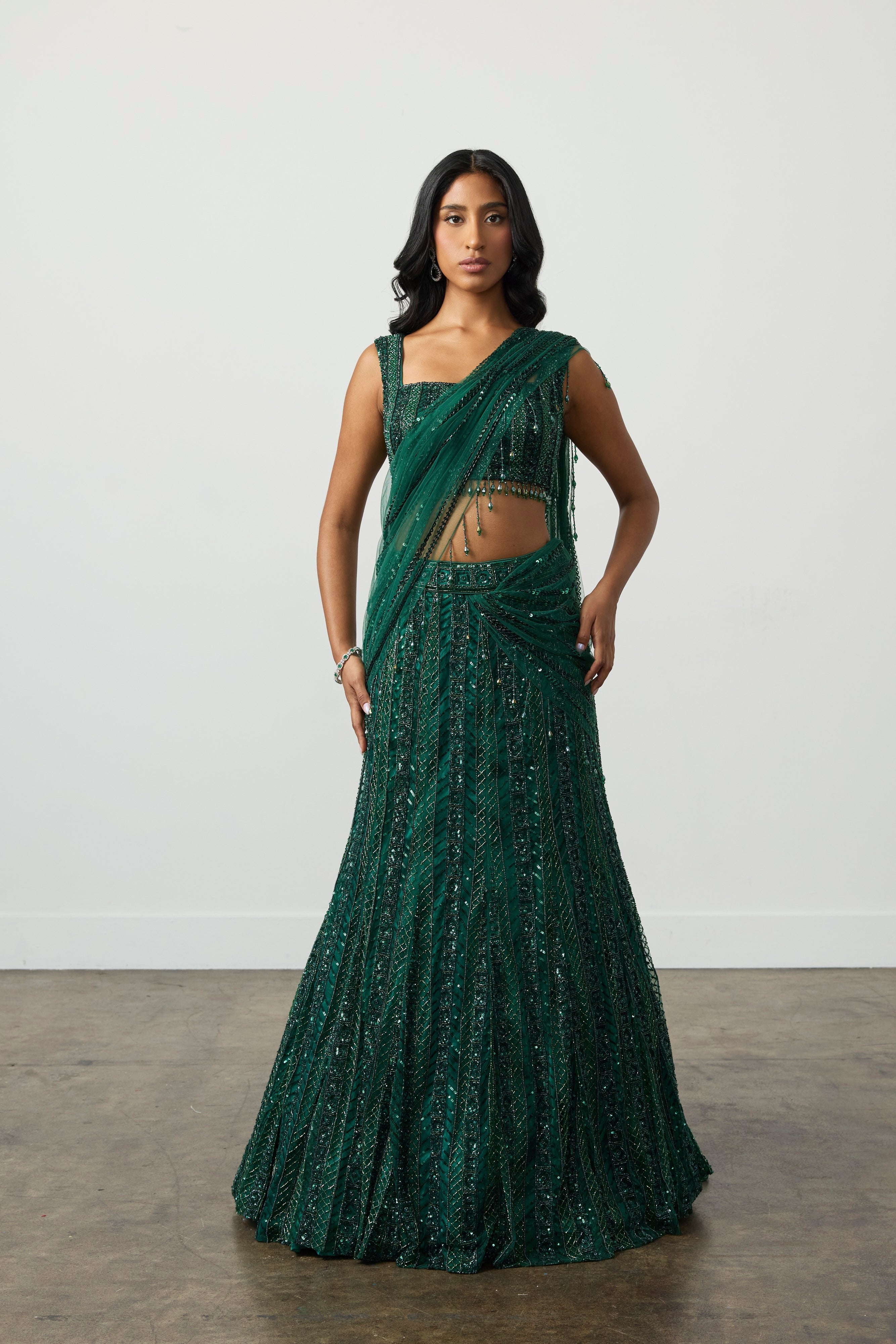 Deep Emerald Green Sequin Lehenga Sari
