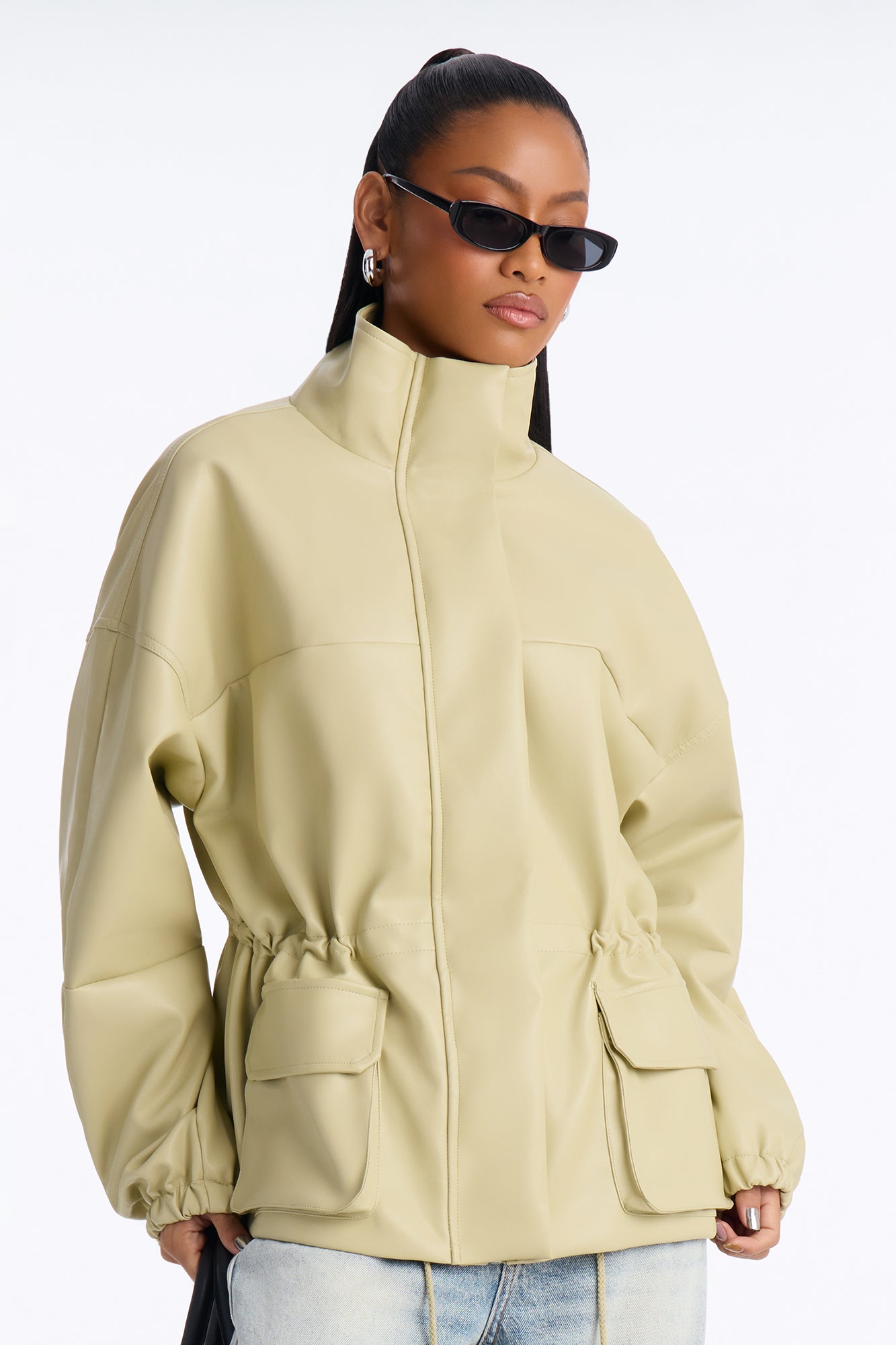 On The Move Faux Leather Funnel Neck Anorak Jacket - Pistachio