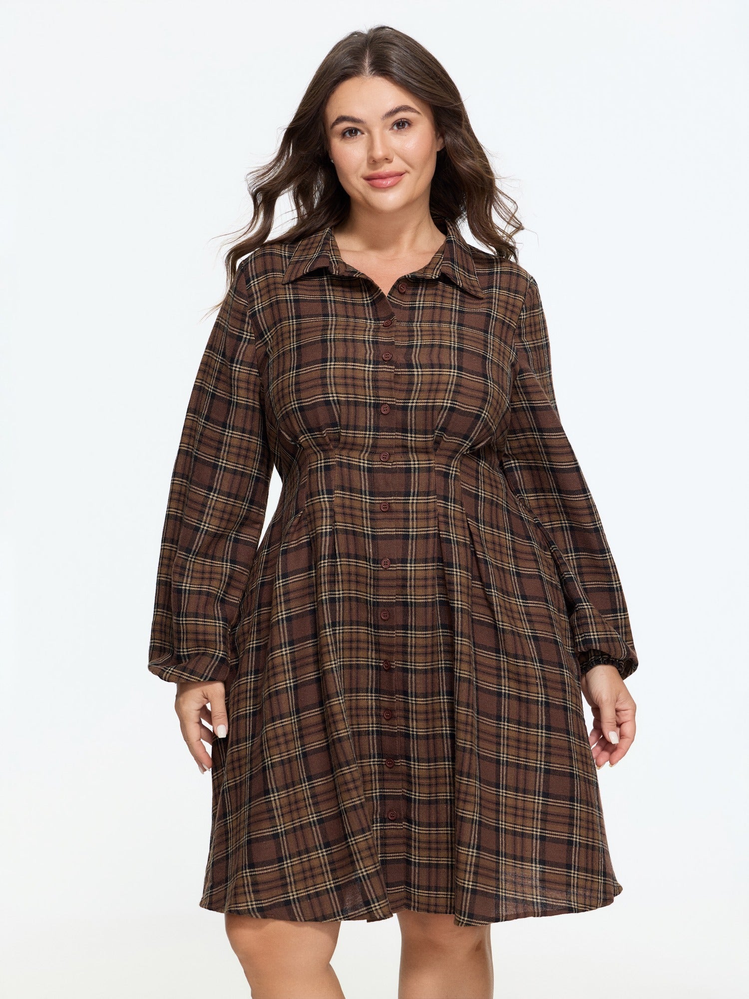 Plaid Lantern Sleeve Button Front Mini Dress