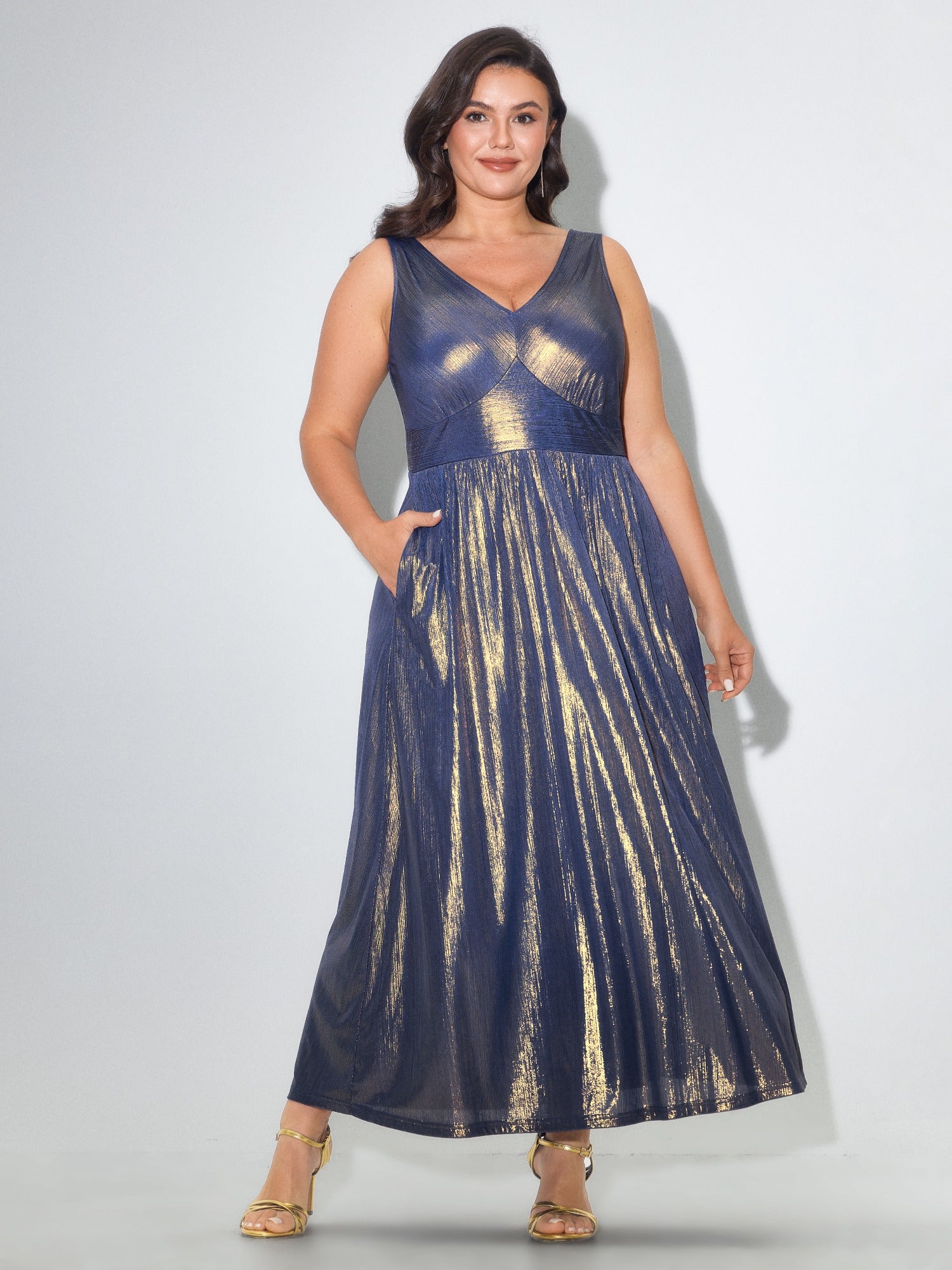 Stretchy Metallic Shimmer V-Neck Pockets Maxi Dress