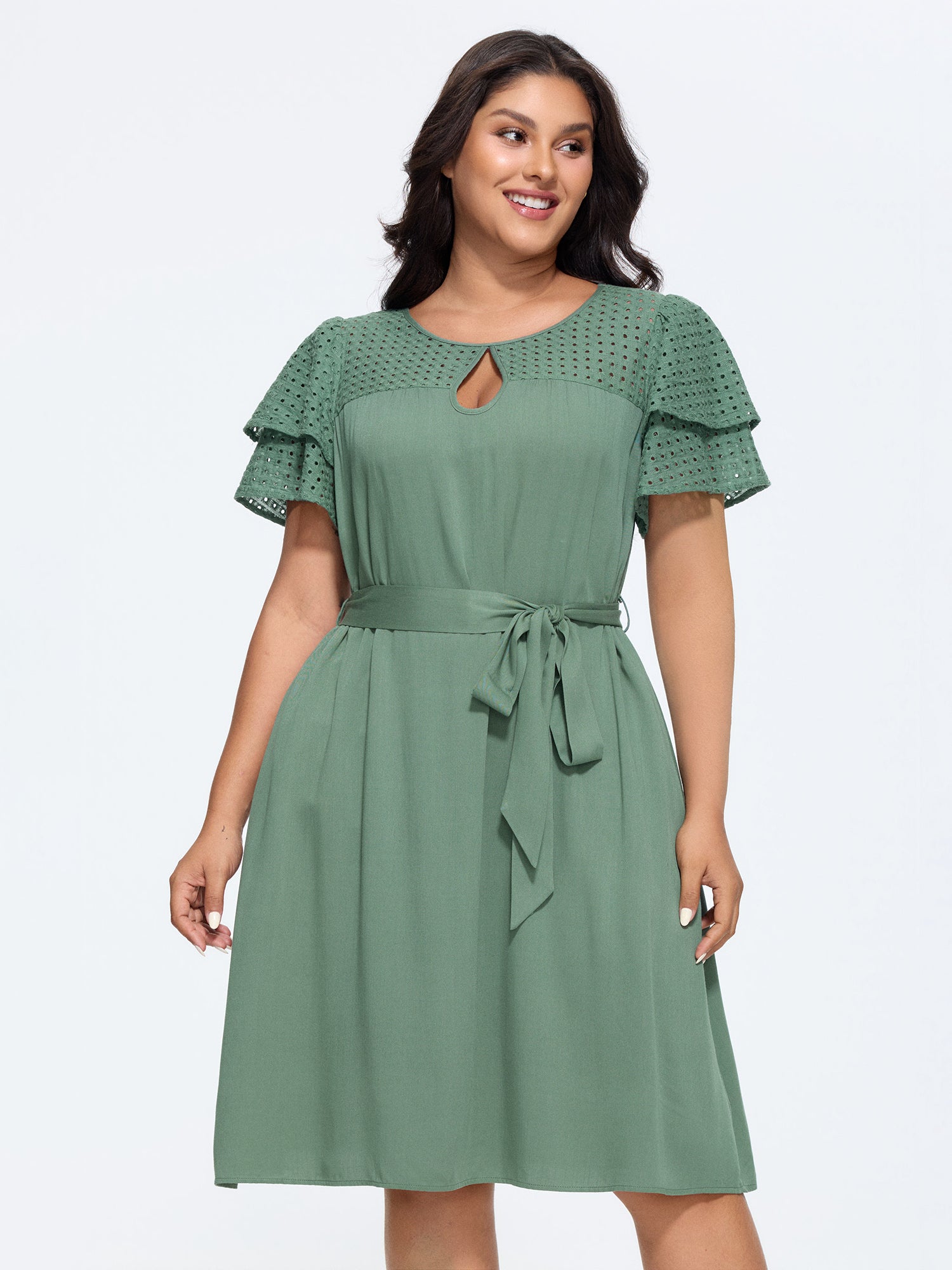 Cotton Layered Sleeve Textured Waist-Tie Midi Dress