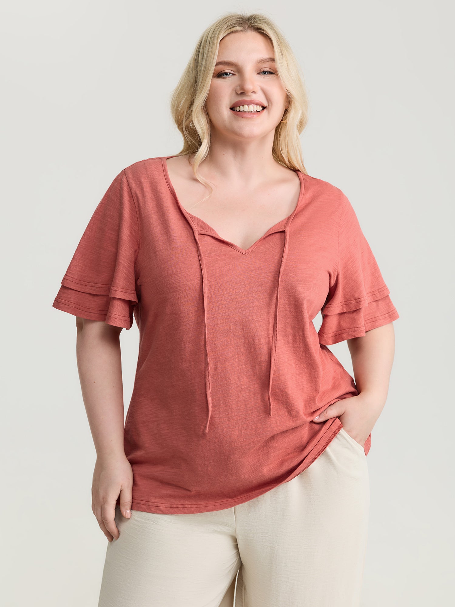 Pure Cotton Stretchy Layered Sleeve T-Shirt