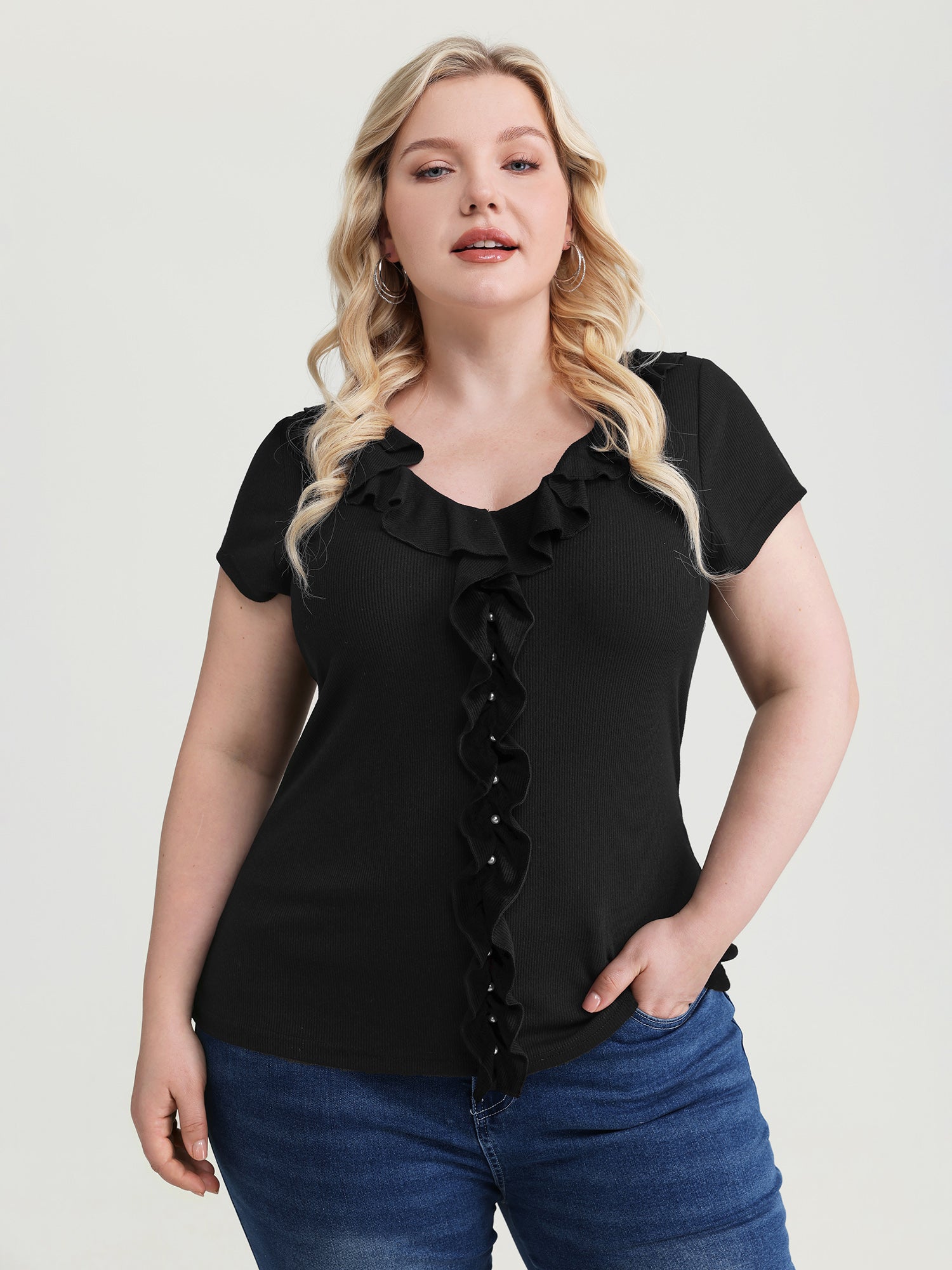 Stretchy Lotus Leaf Strip Knit Top