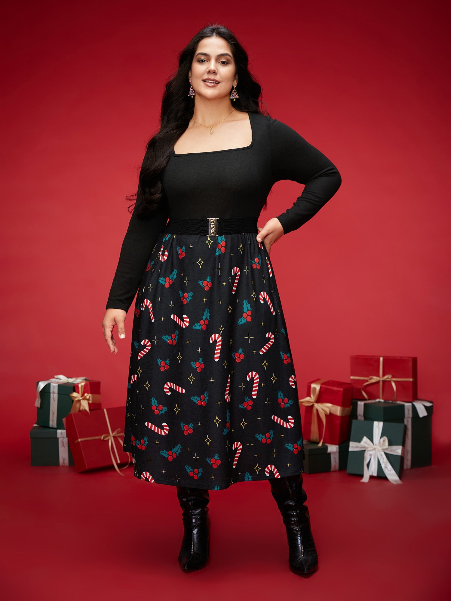Festive Knit Printed Skirt Midi Dress