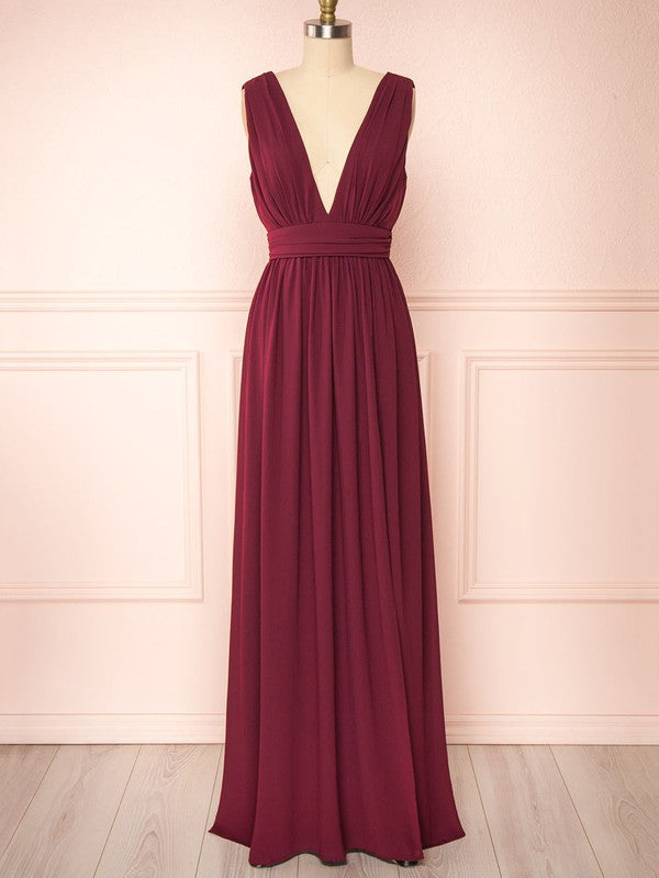 Chic A-Line Deep V-Neck Chiffon Floor-Length Bridesmaid Dresses with Ruffles