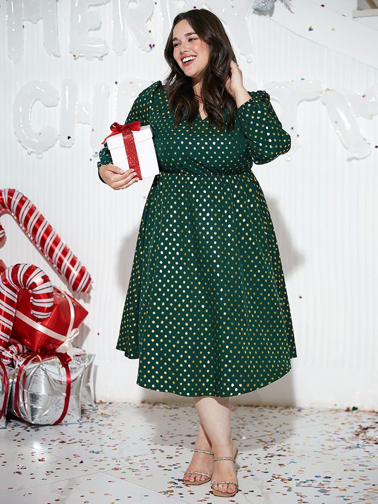 Glitter Polka Dot Notched Elastic Cuffs Dress
