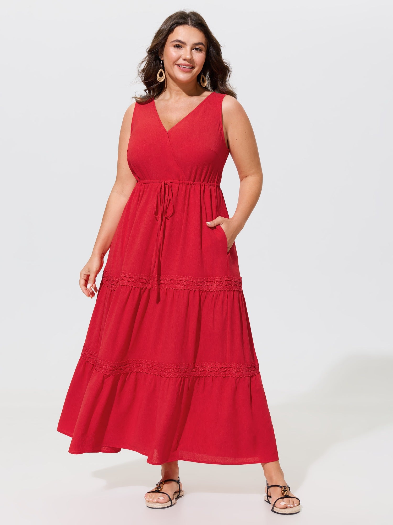 Wrap Neck Drawstring Waist Lace Trim Tiered Maxi Dress