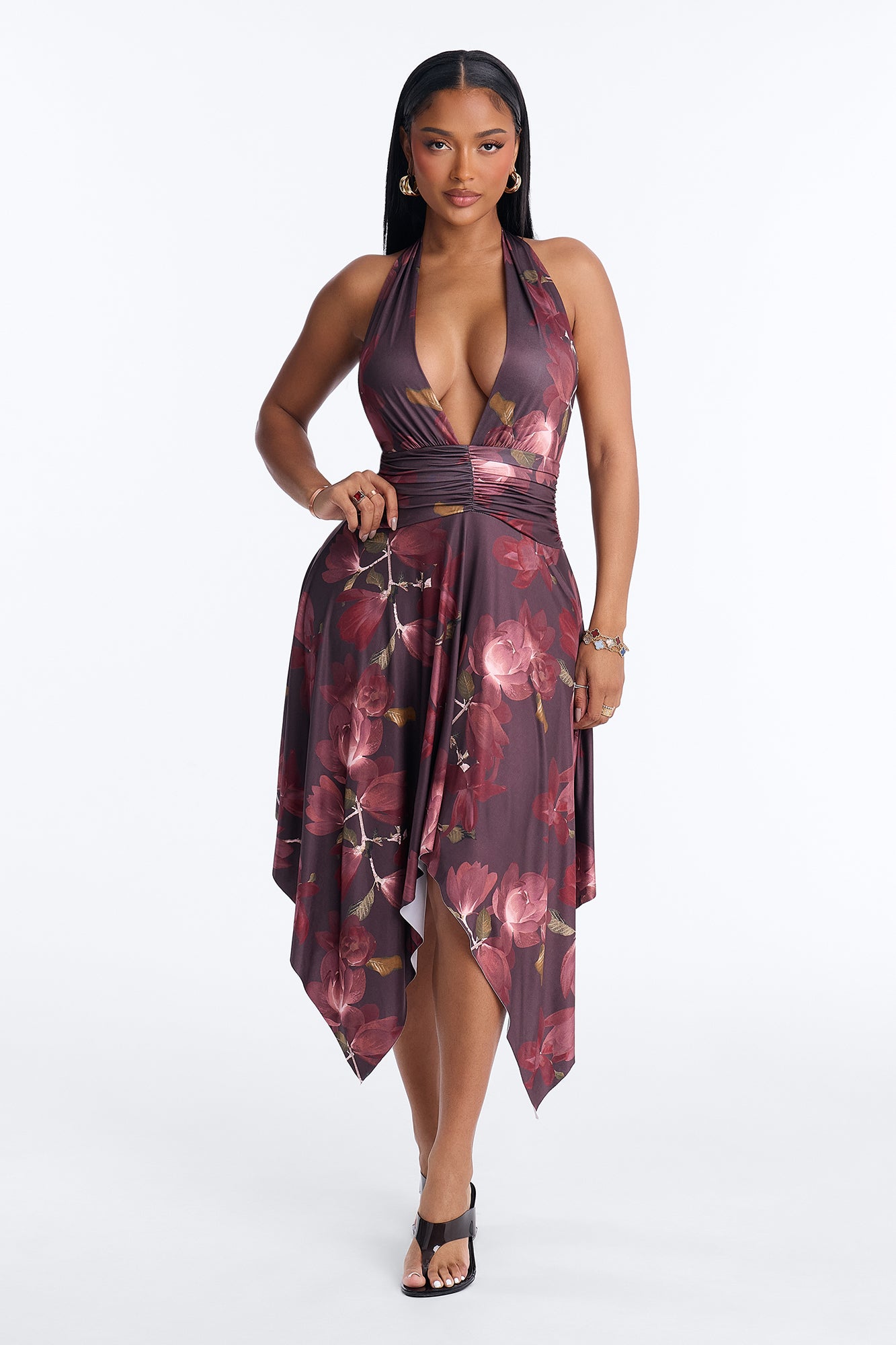 Evelyn Ruched Backless Floral Midi Dress - Purple/combo