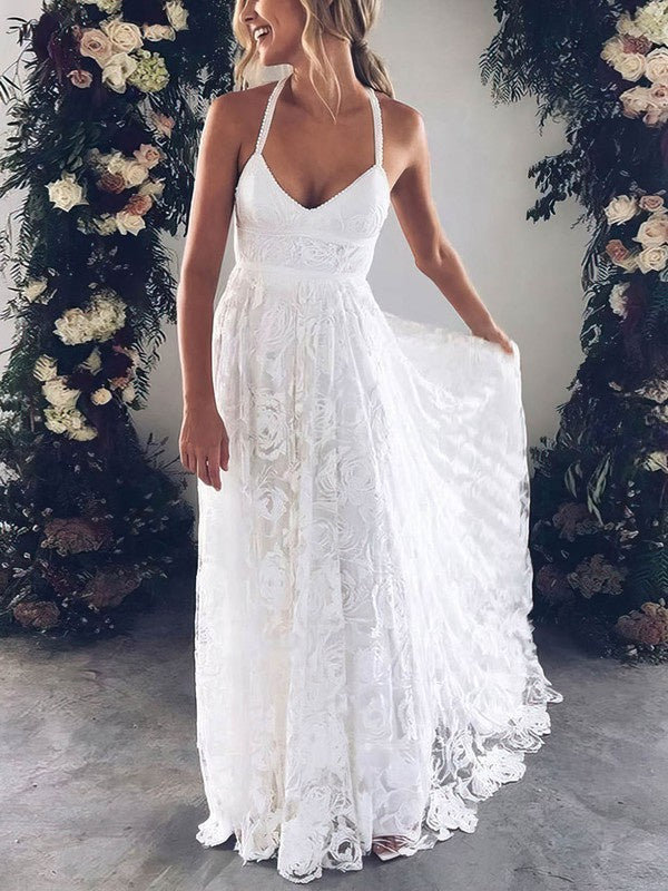 Charming A-Line V-Neck Sleeveless Lace Wedding Dresses with Sweep Train