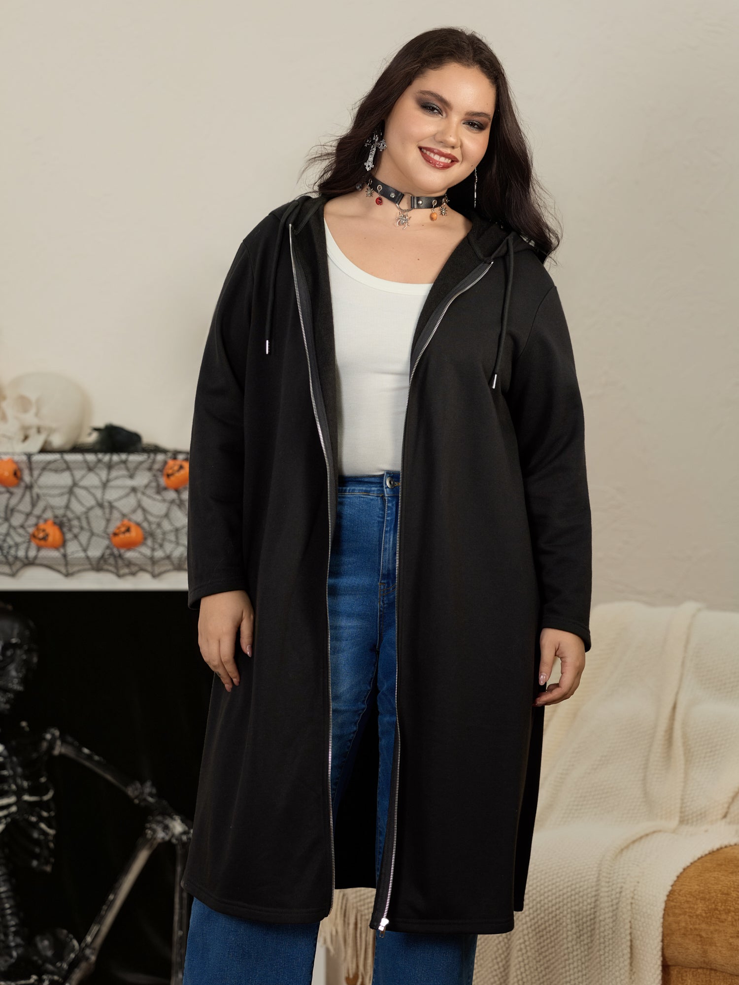 Plain Longline Zipper Hoodie