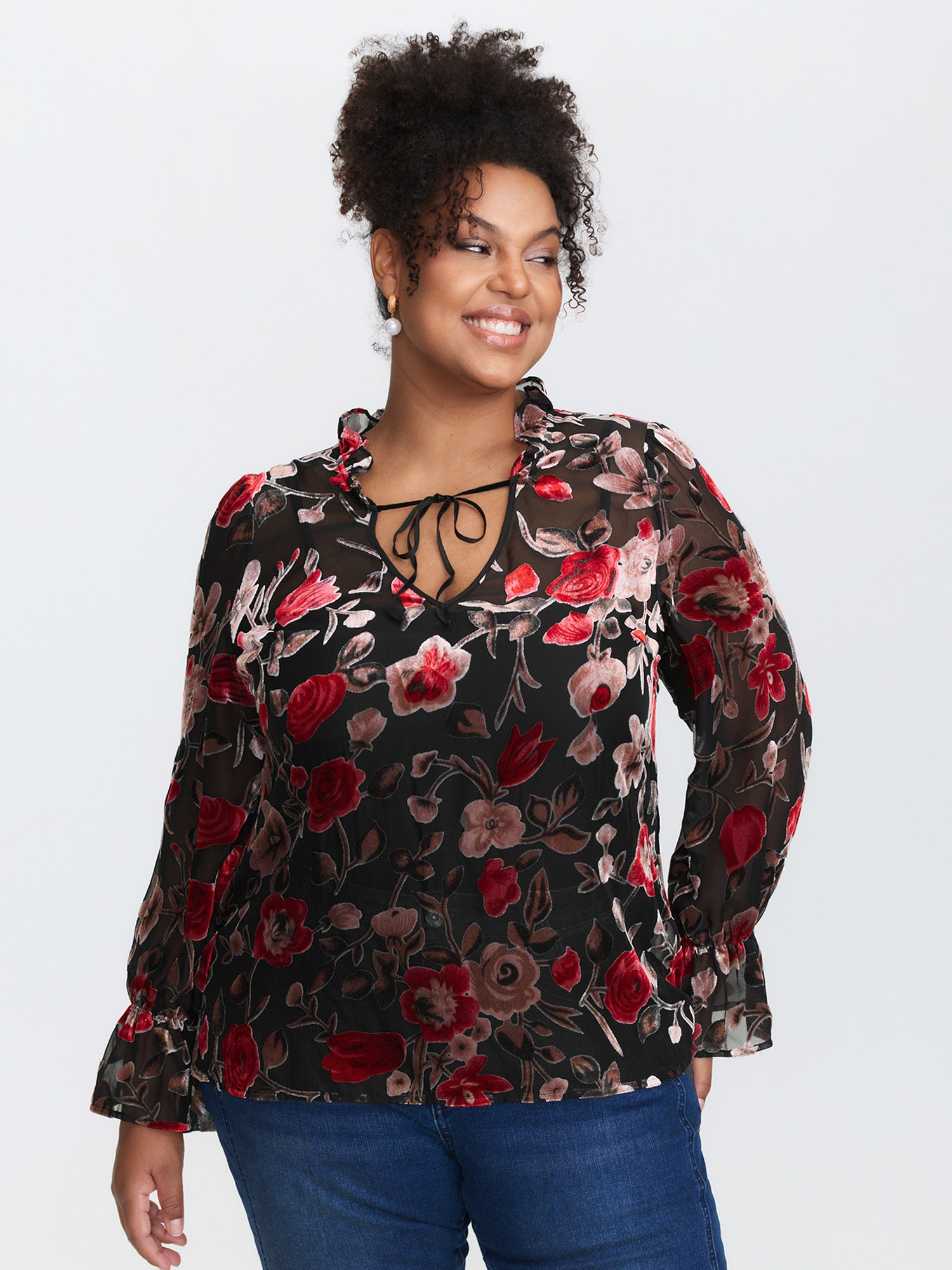 Flock Floral Ruffled Cuff Blouse