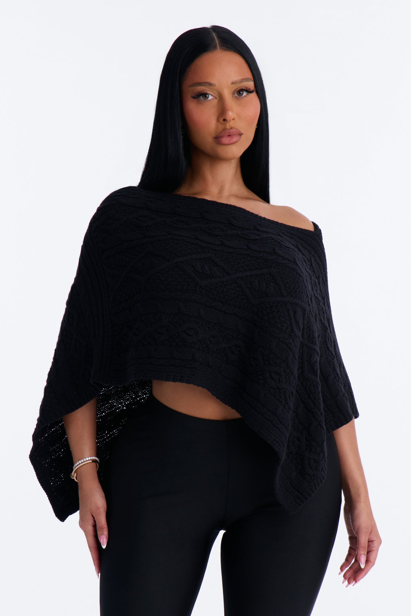 Mischa Cable Knit Poncho - Black
