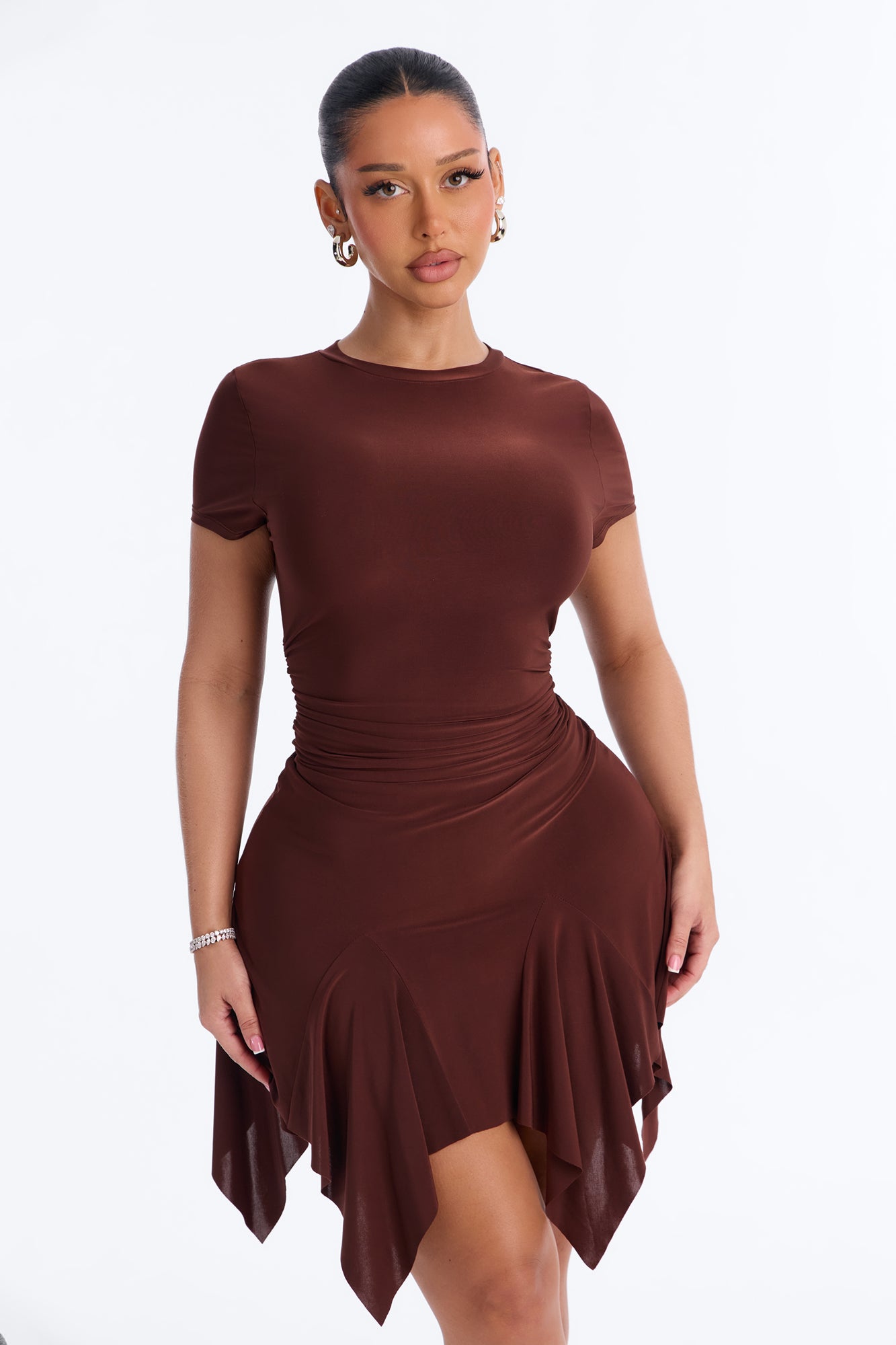 Kairi Asymmetrical Short Sleeve Mini Dress - Chocolate