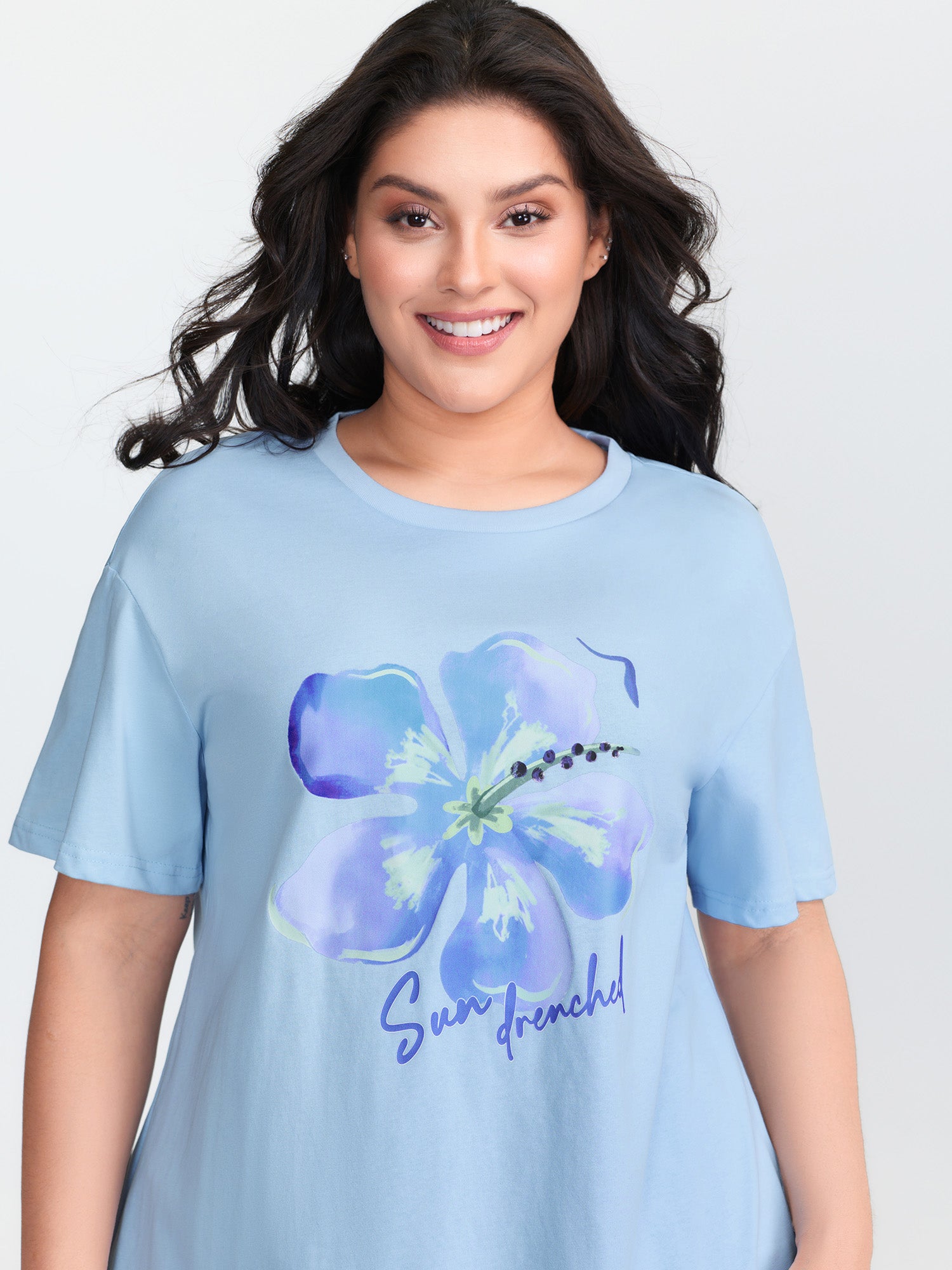 Cotton Floral Motif Drop Shoulder T-Shirt