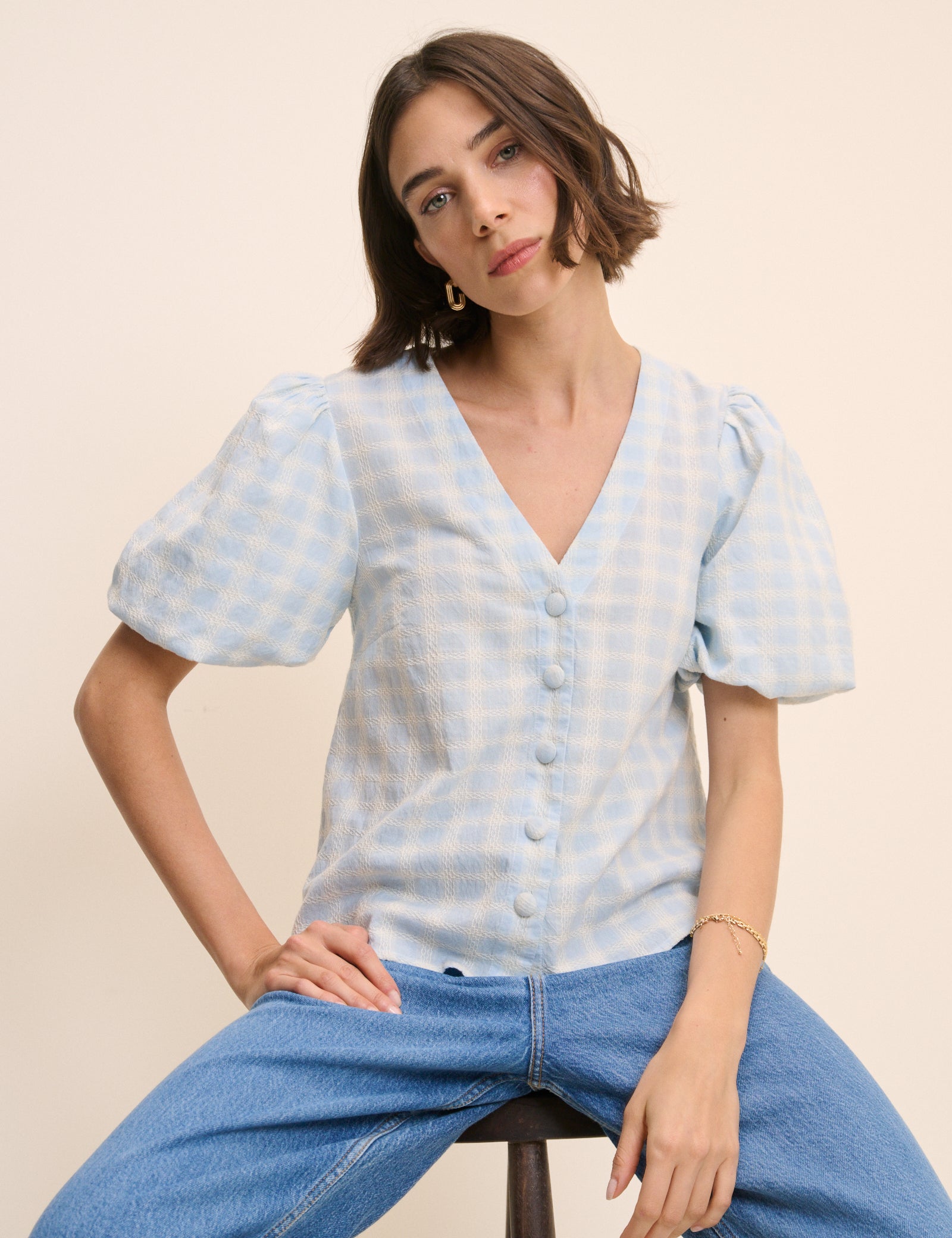 Blue Gingham Puff Sleeve Top