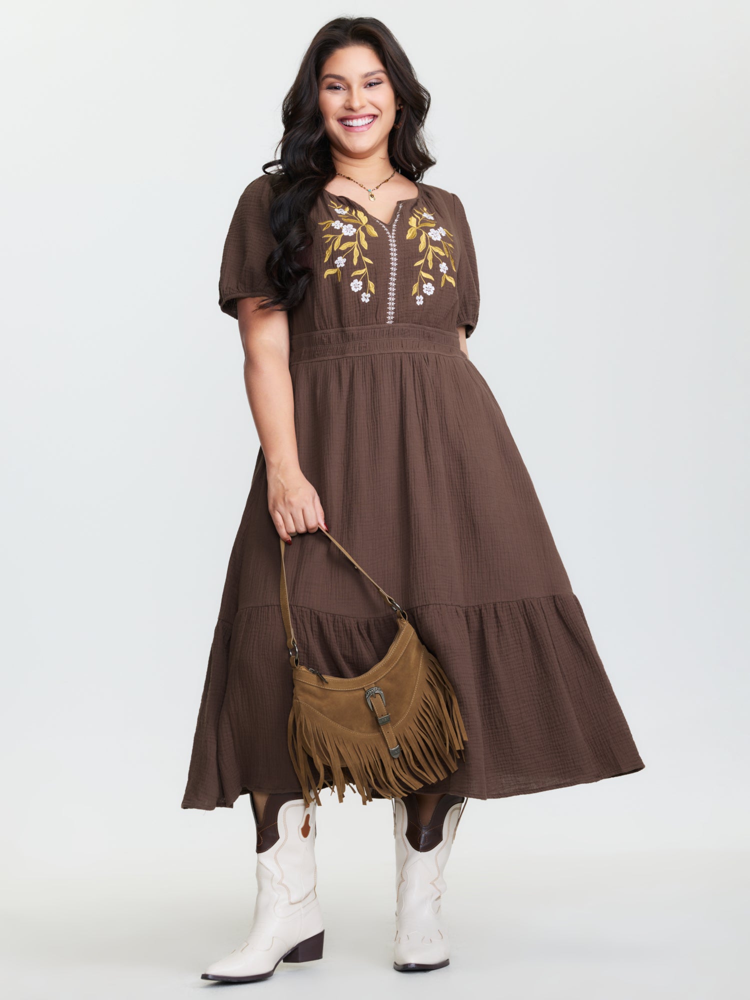Cotton Floral Embroidered Shirred Waist Midi Dress