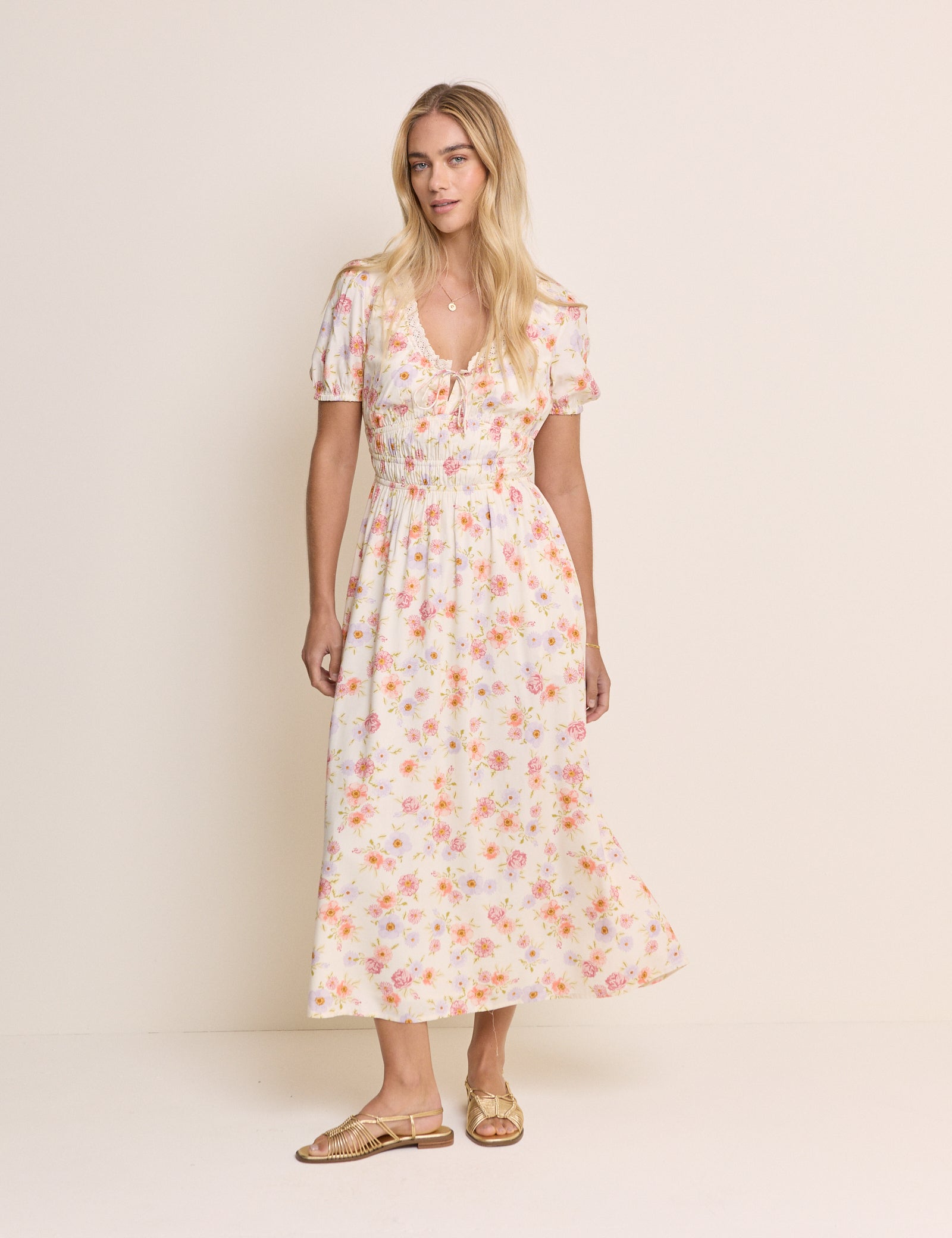 White Floral Short Sleeve Isabella Midi Dress